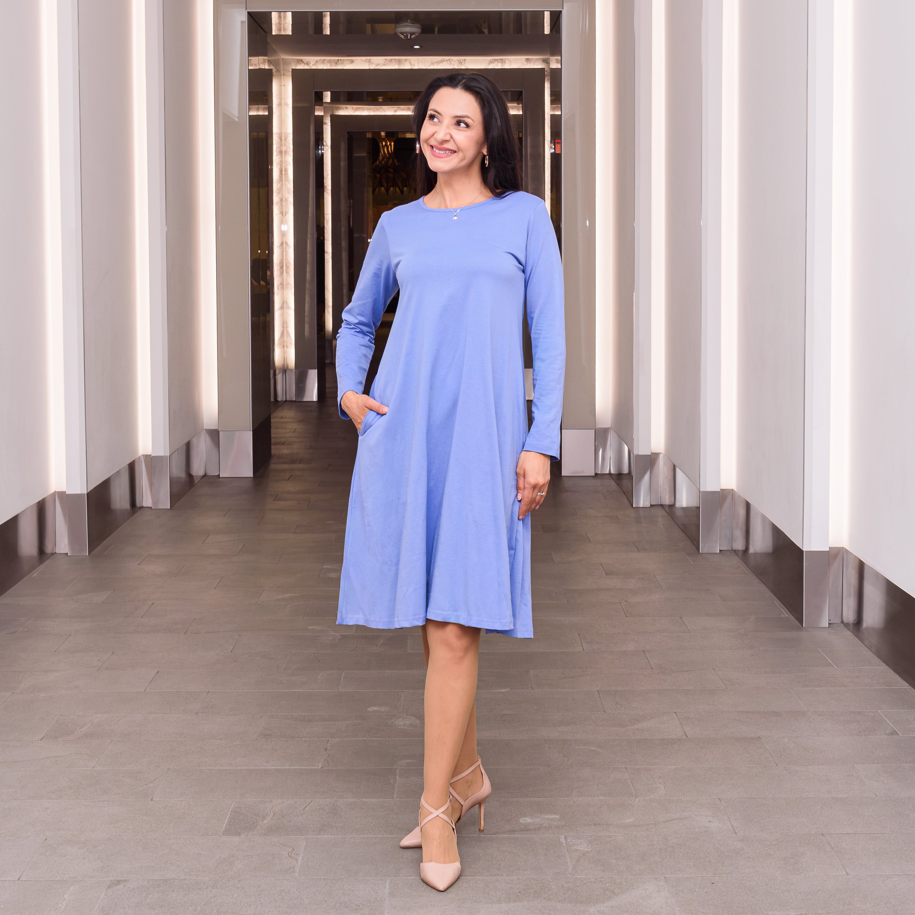 Deep Periwinkle Midi Tunic Dress with Pockets