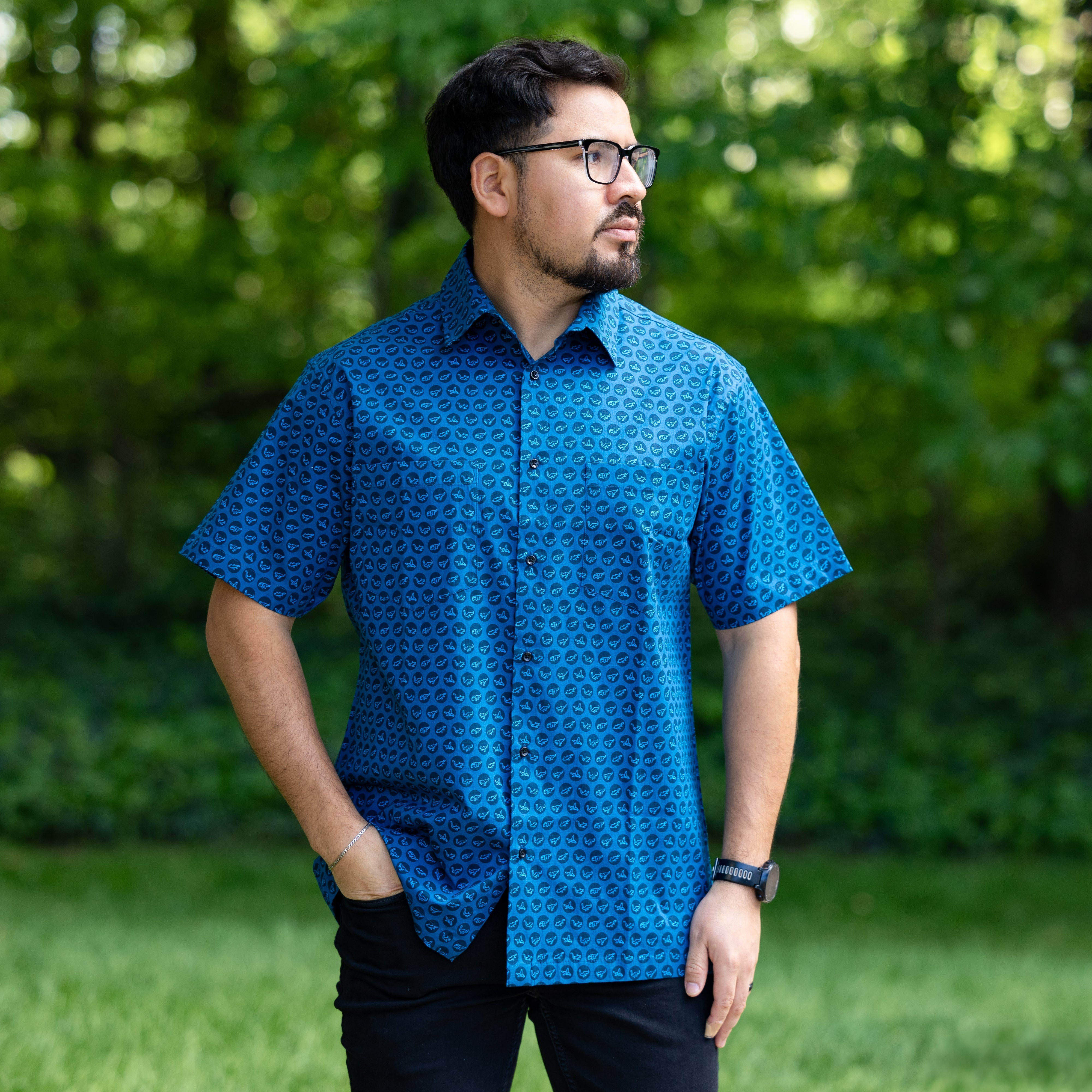 Dinosaur Polka Dots Short Sleeves Button-Up Shirt