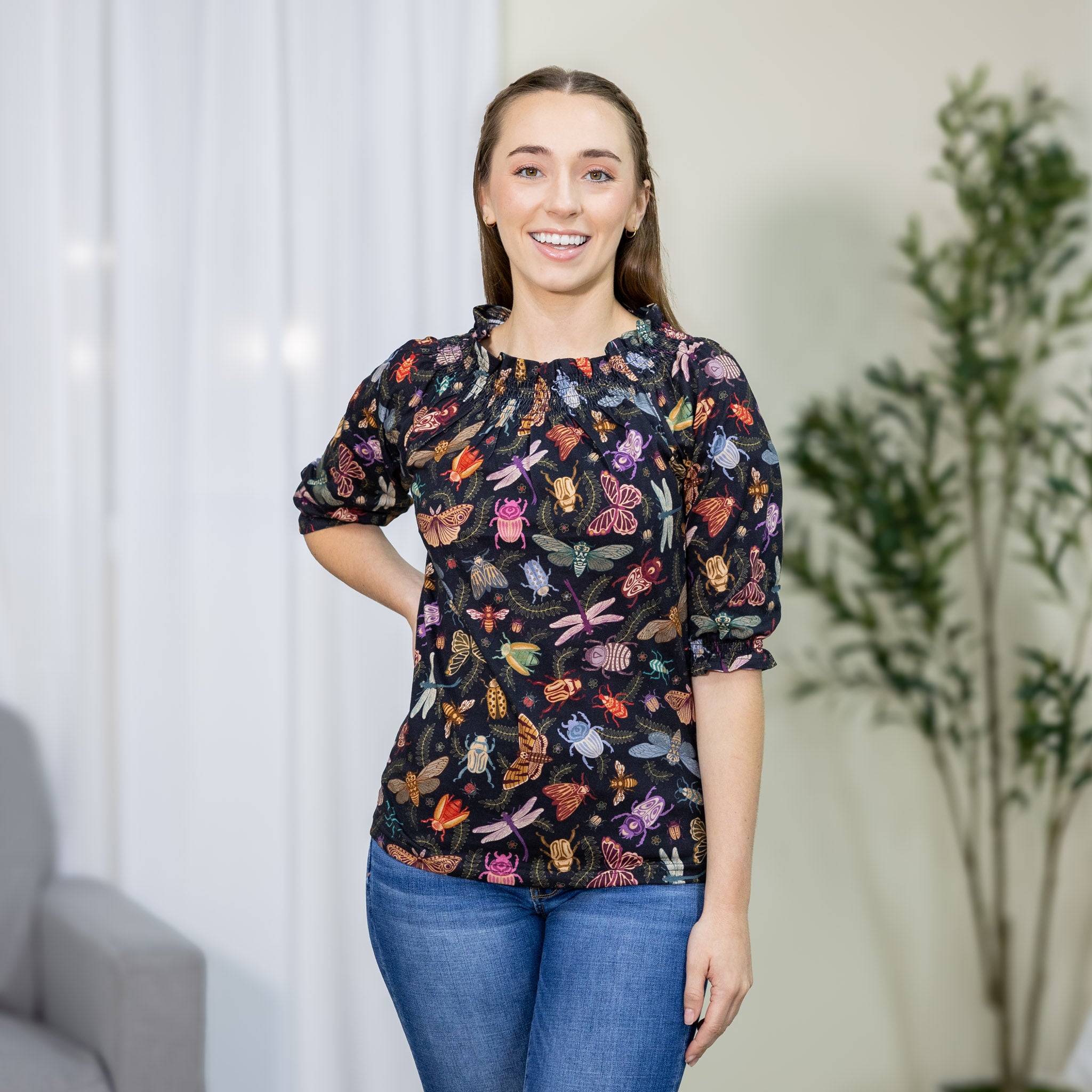 Doodle Bugs 3/4th Sleeves Smocked Top