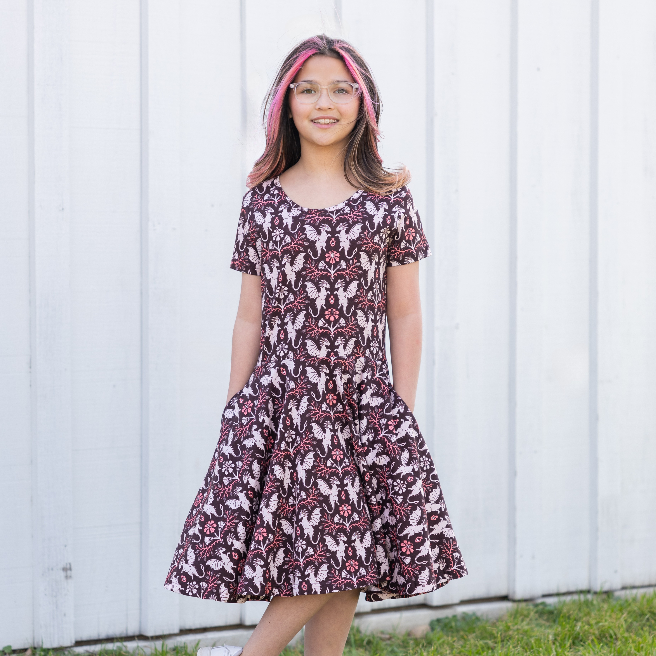 Dragons Damask Ruby Kids Twirl Dress