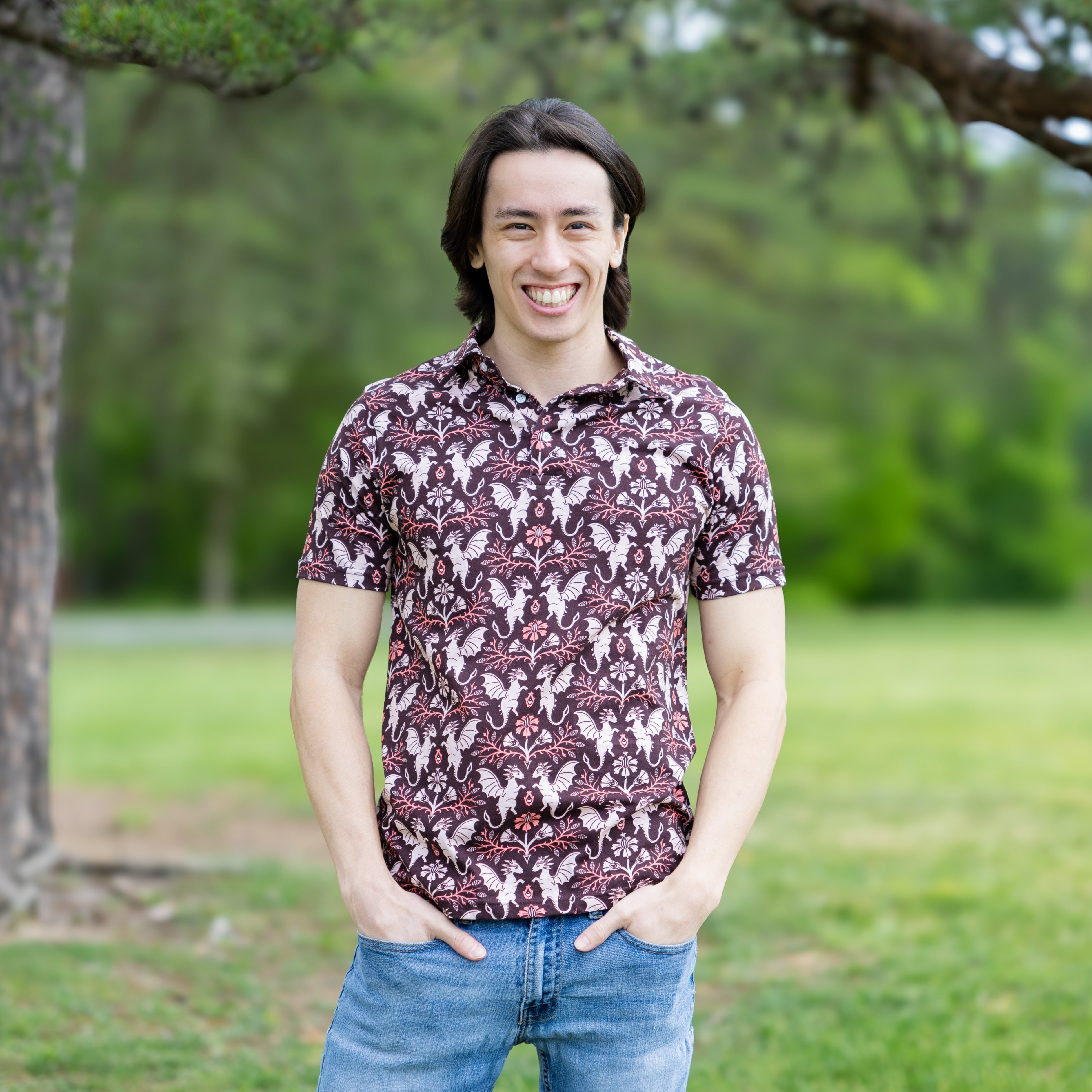 Dragons Damask Ruby Adults Polo