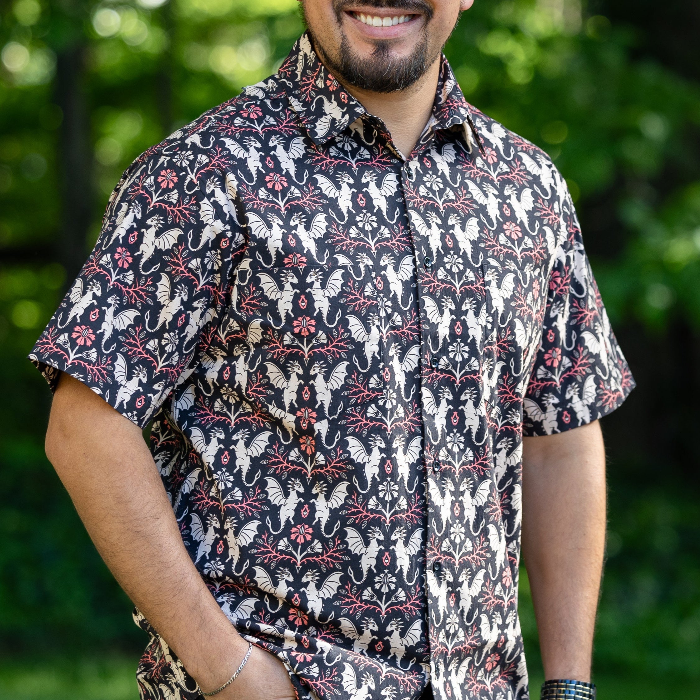 Dragons Damask Ruby Short Sleeves Button-Up Shirt