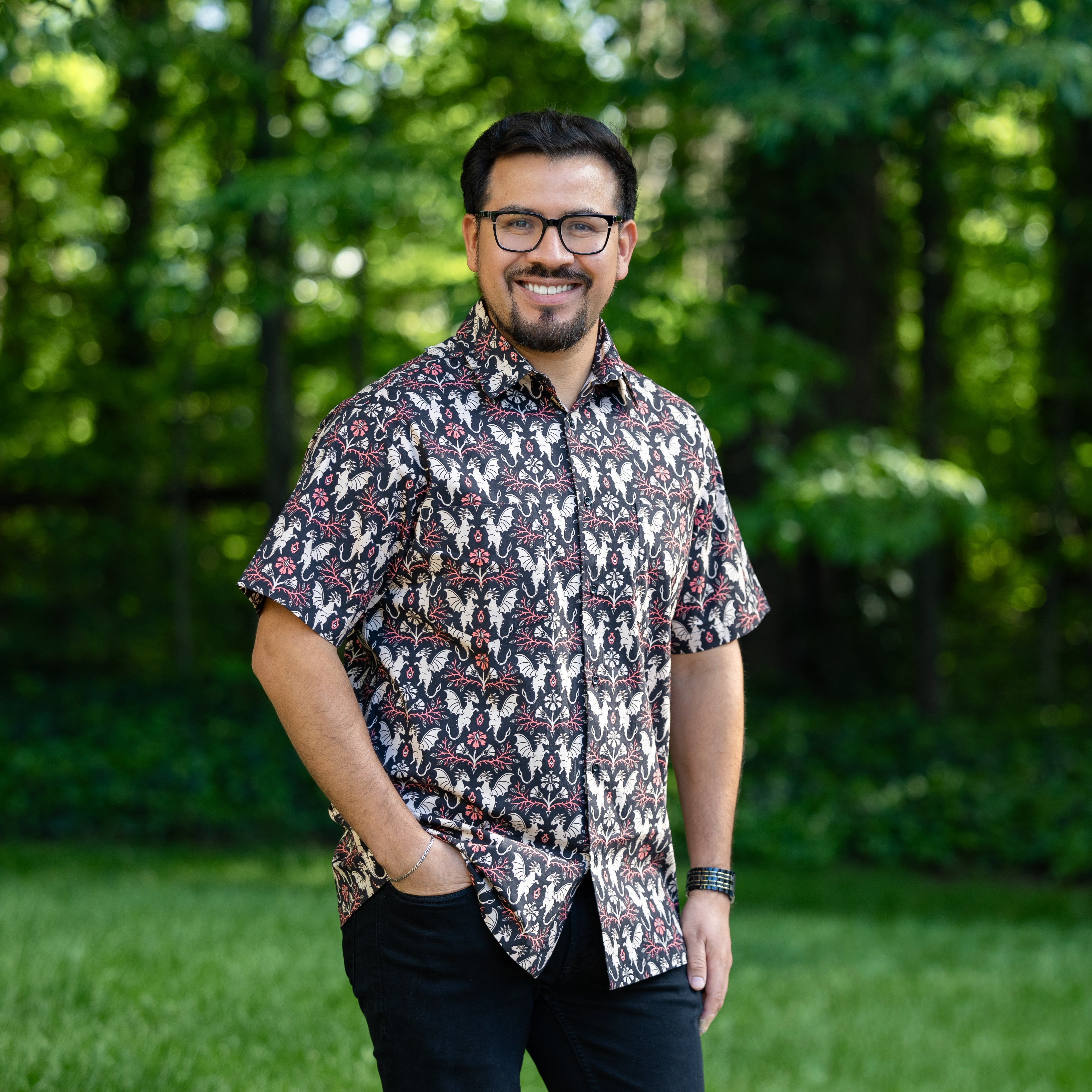 Dragons Damask Ruby Short Sleeves Button-Up Shirt