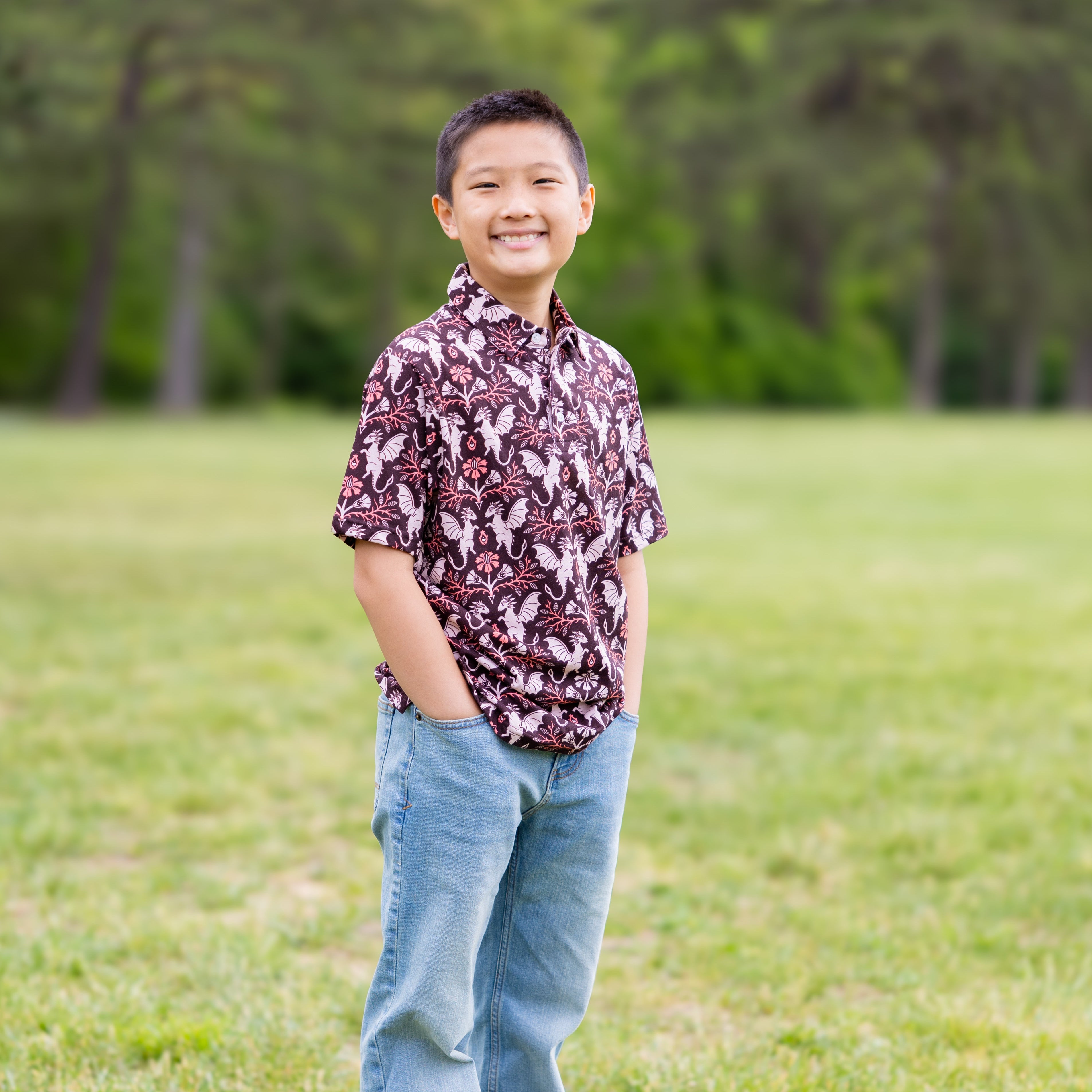 Dragons Damask Ruby Kids Polo