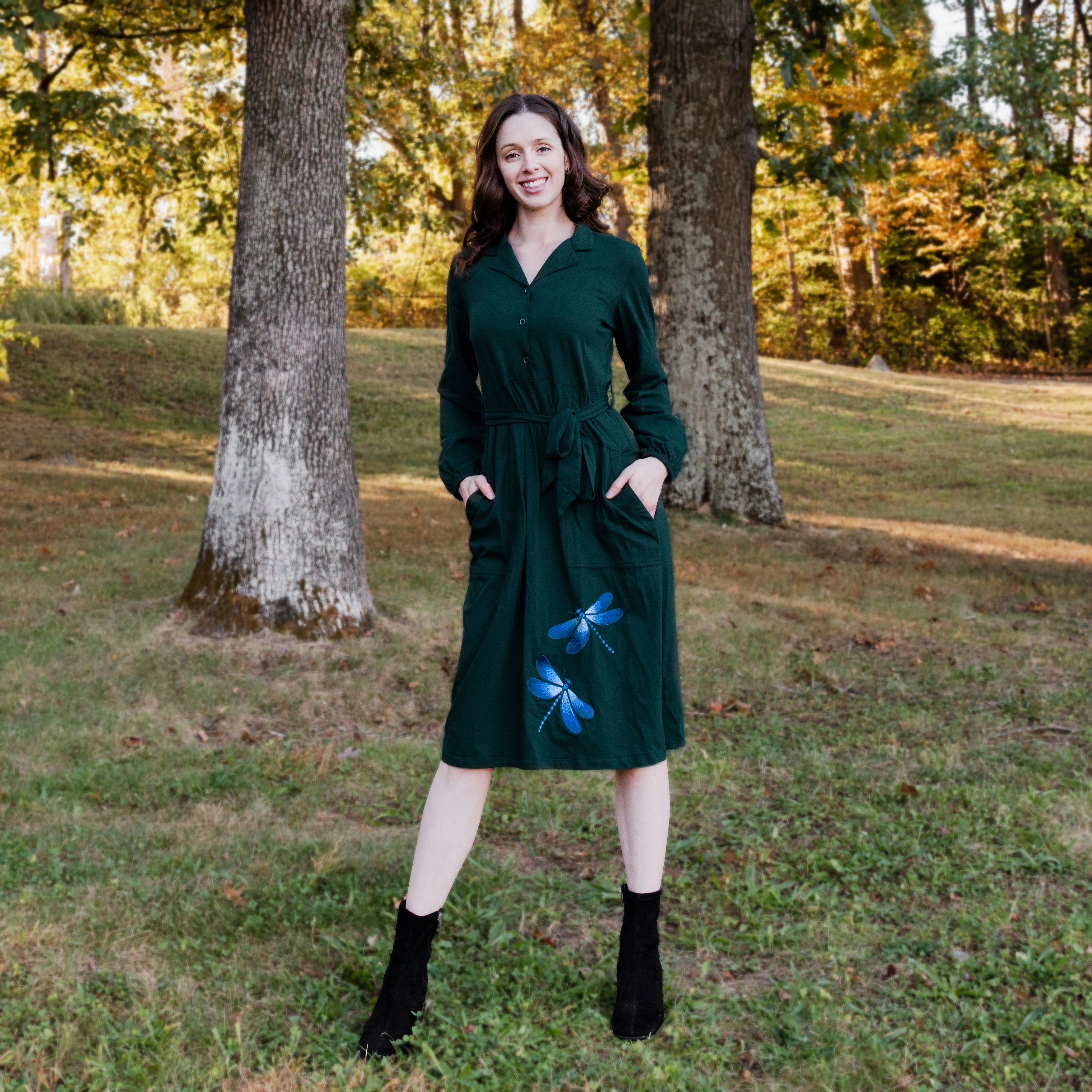 Dragonflies Embroidery Long Sleeve Belted Dress (With Waist Seam)