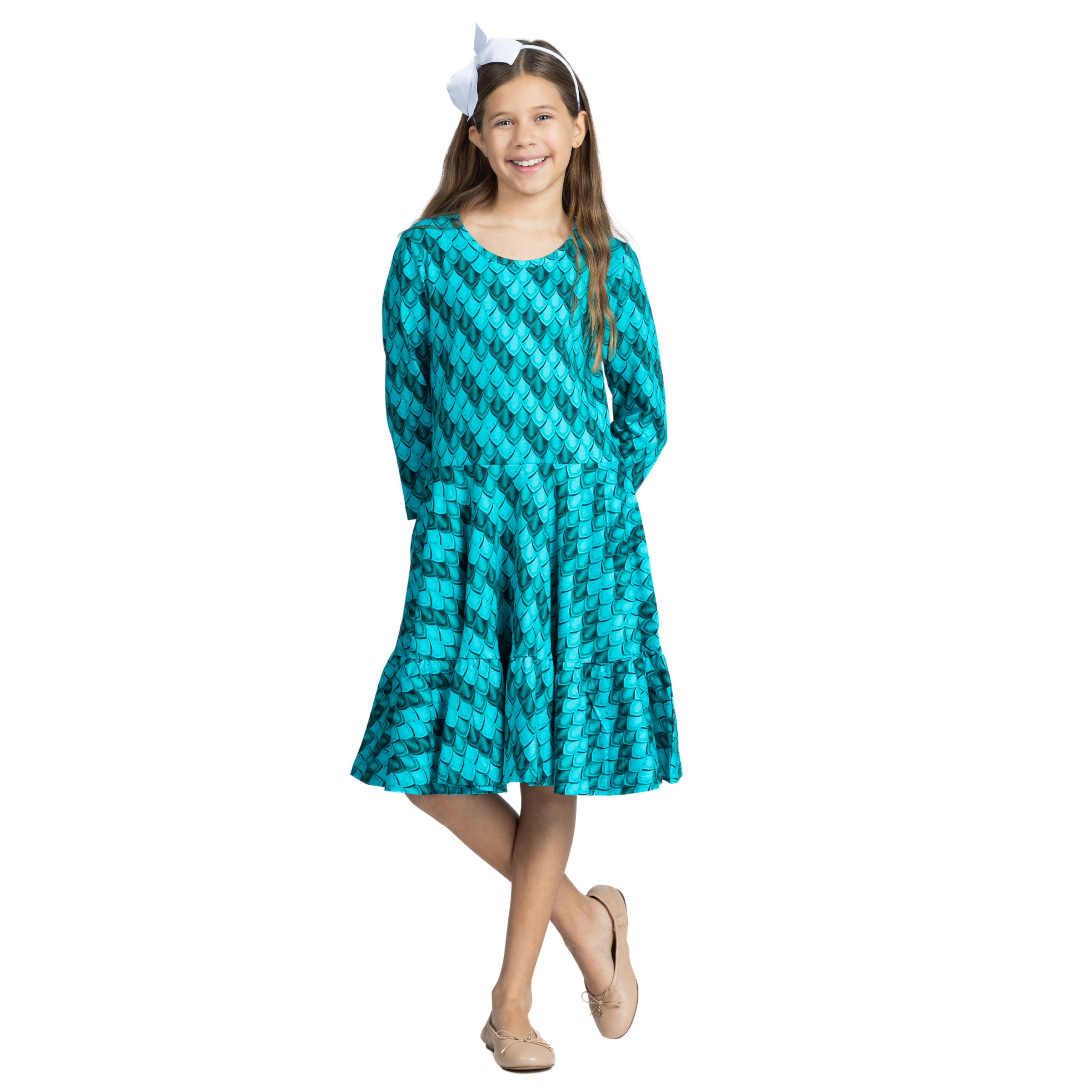 Teal Dragon Scales Kids Twirl Dress with Frill