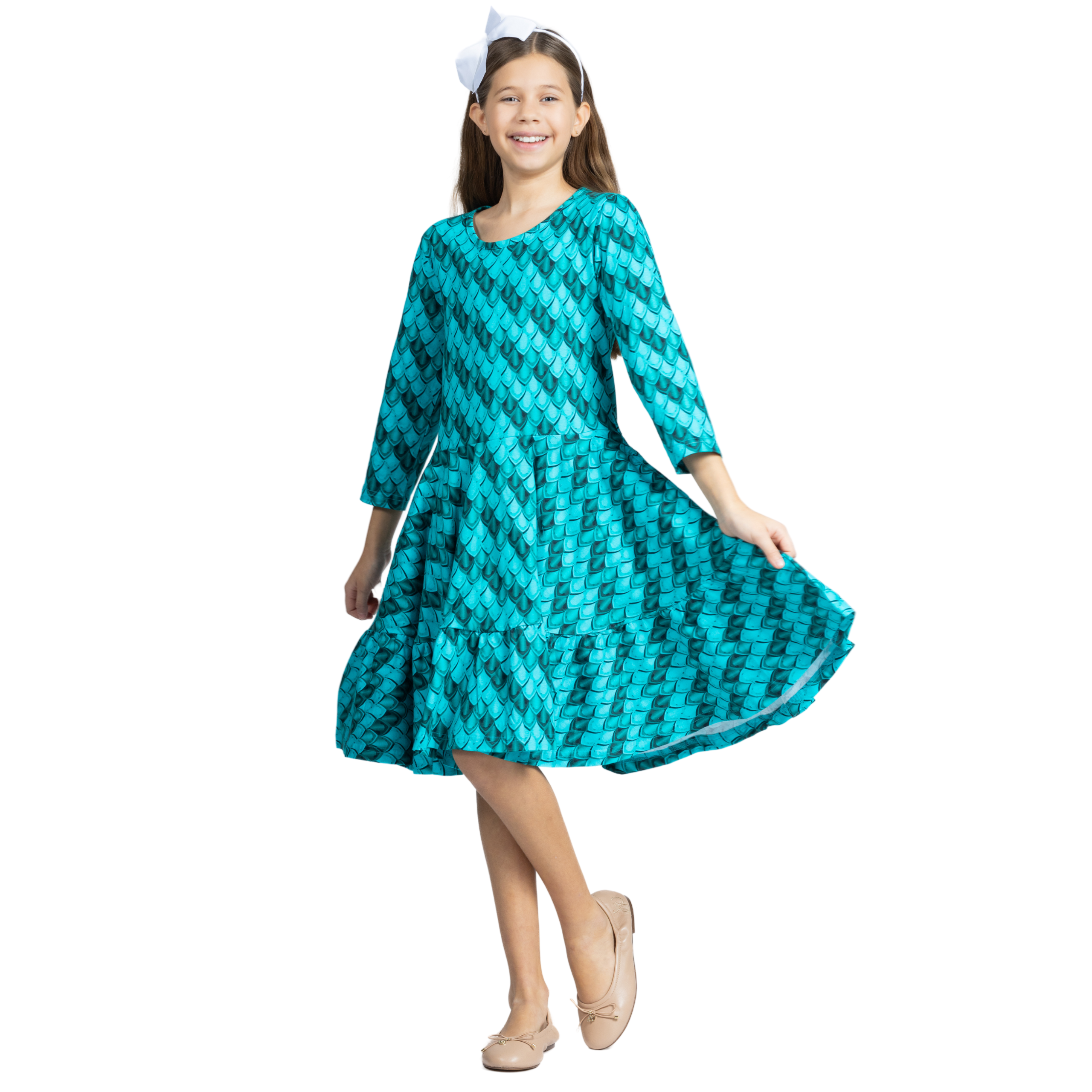 Teal Dragon Scales Kids Twirl Dress with Frill