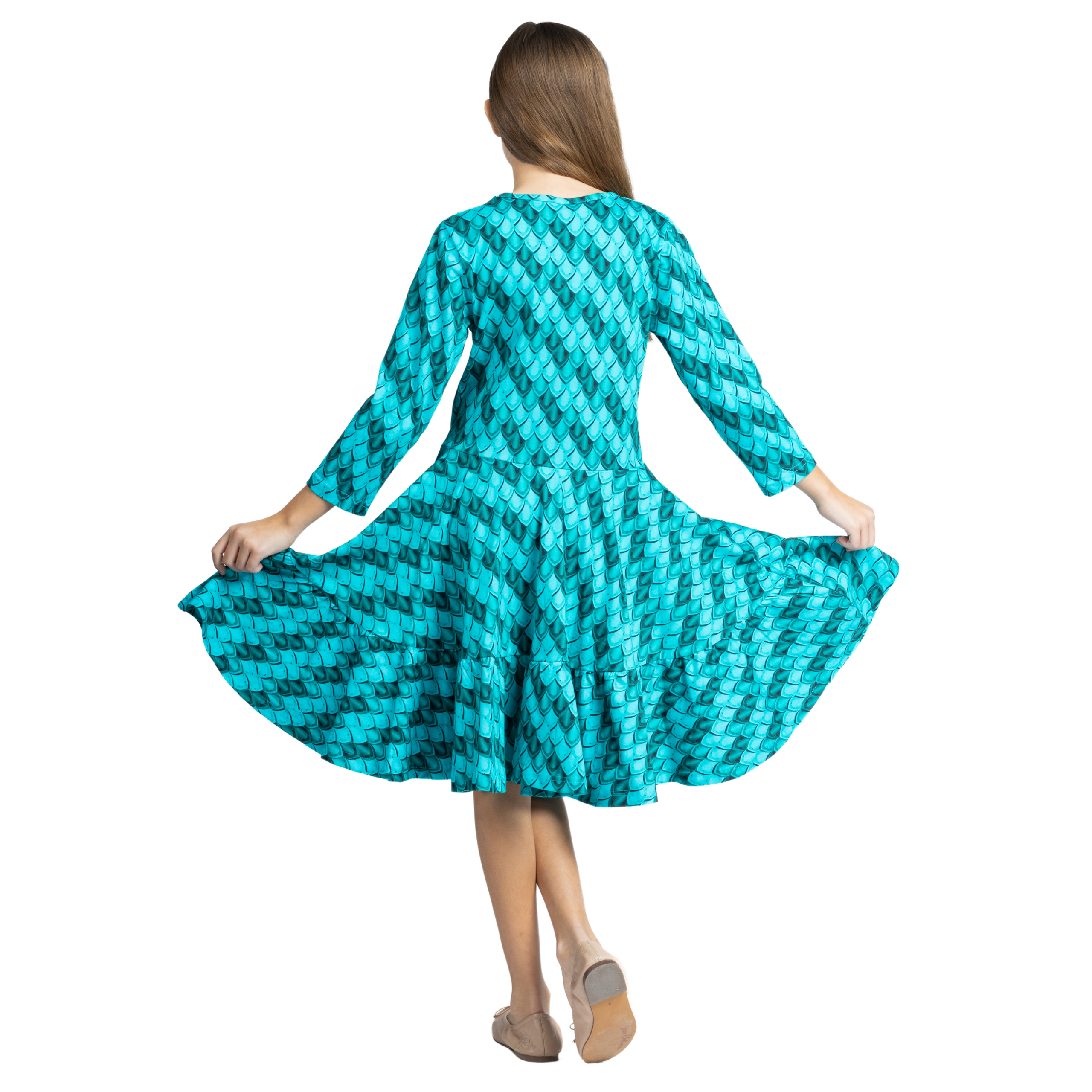 Teal Dragon Scales Kids Twirl Dress with Frill