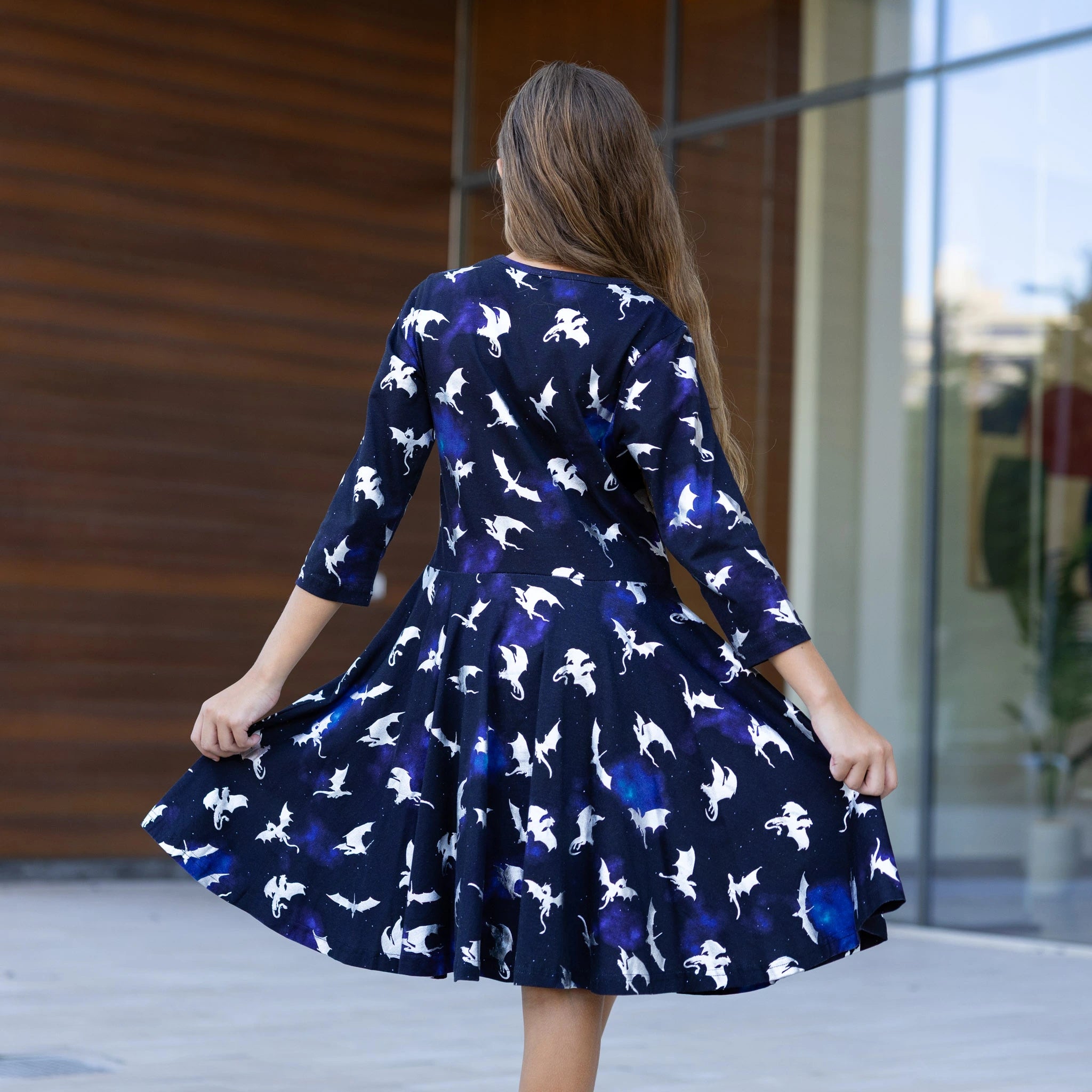 Dragons in Space 3/4th Sleeves Kids Twirl Dress