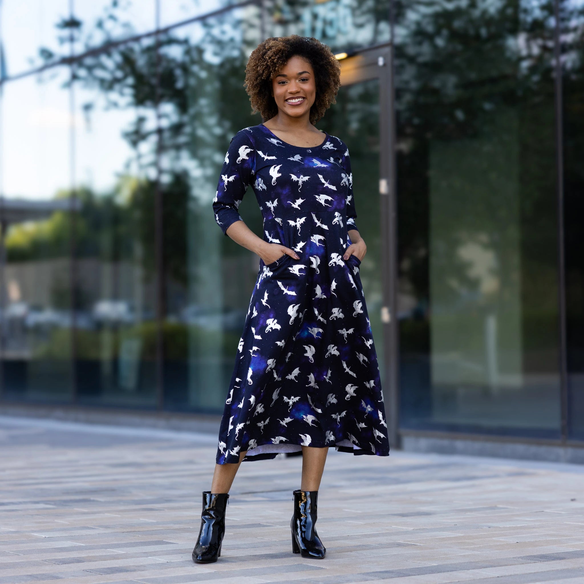 Dragons in Space 3/4th Sleeves Midi Dress (With Waist Seam)