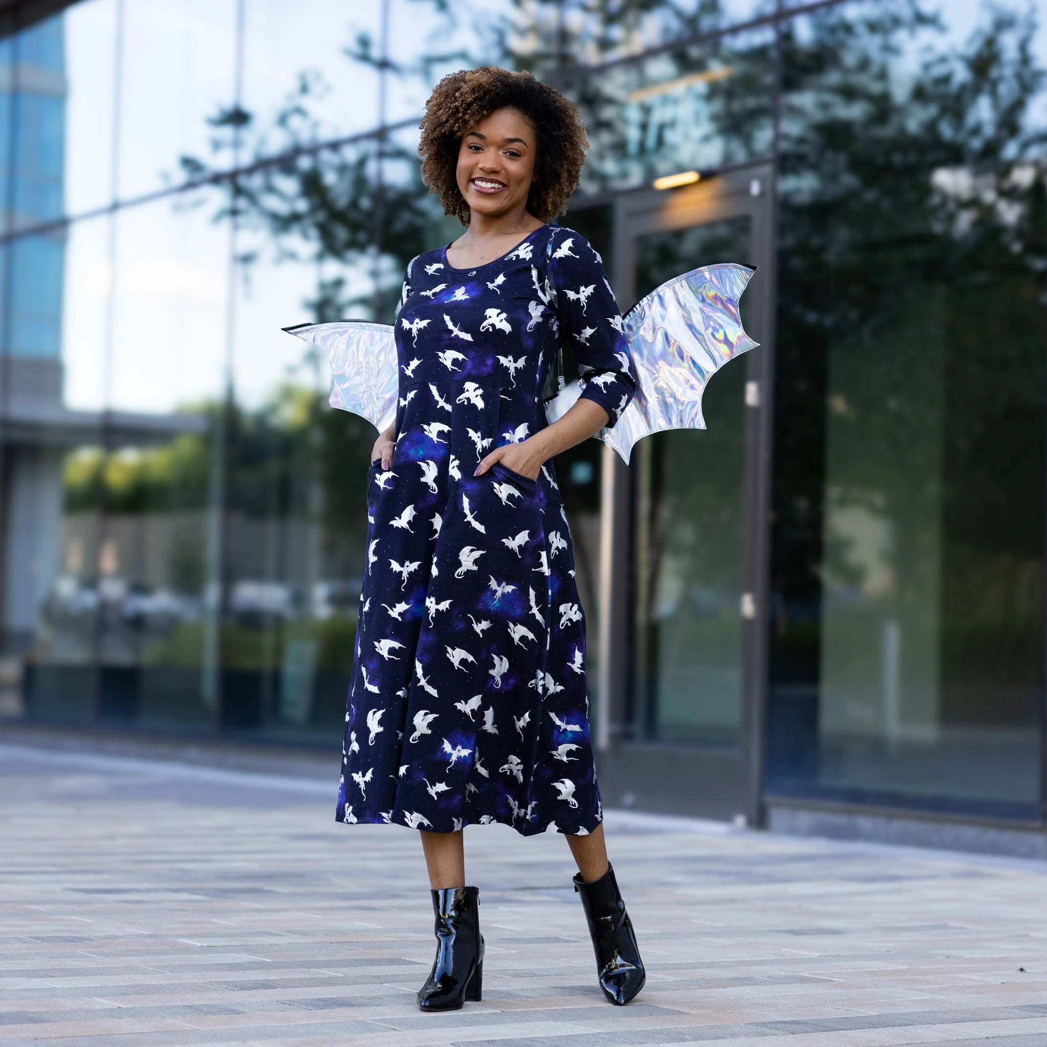 Dragons in Space 3/4th Sleeves Midi Dress (With Waist Seam)