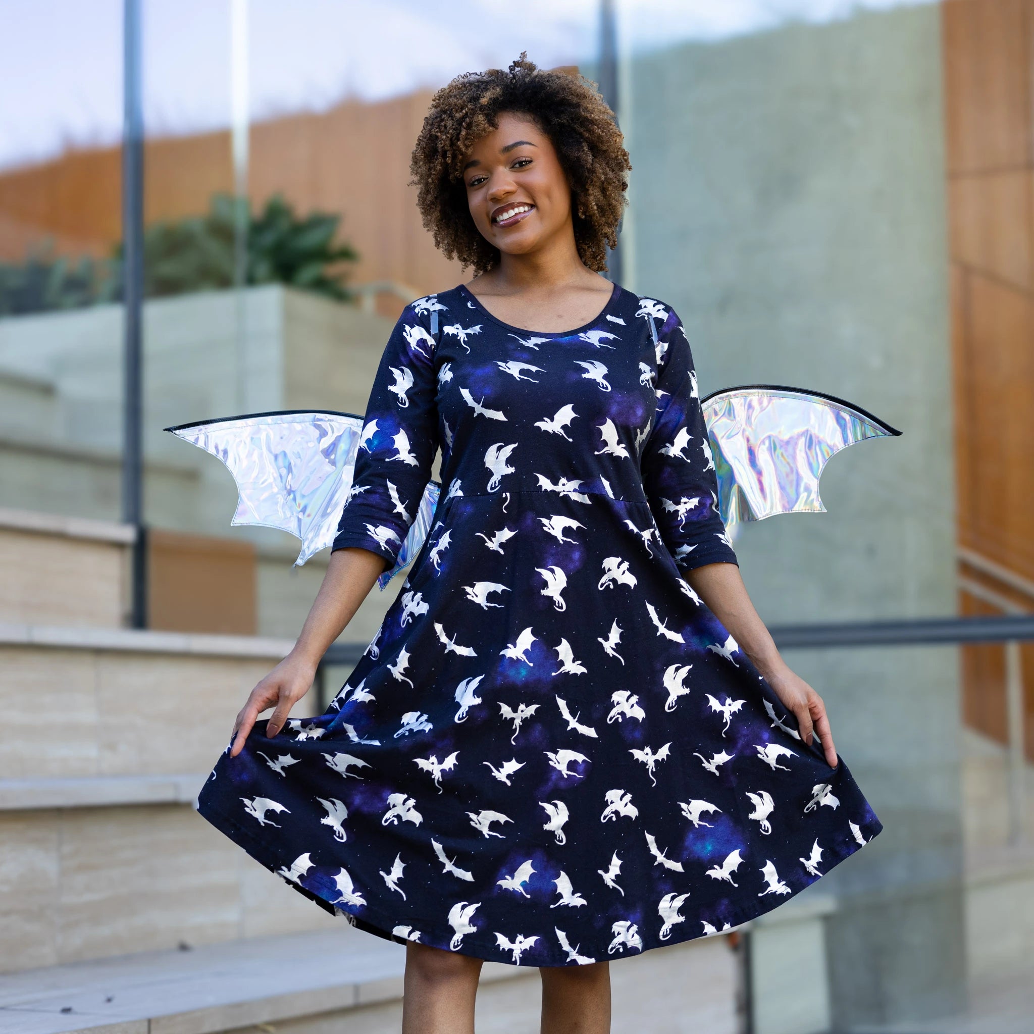Dragons in Space 3/4th Sleeves Fit & Flare Dress