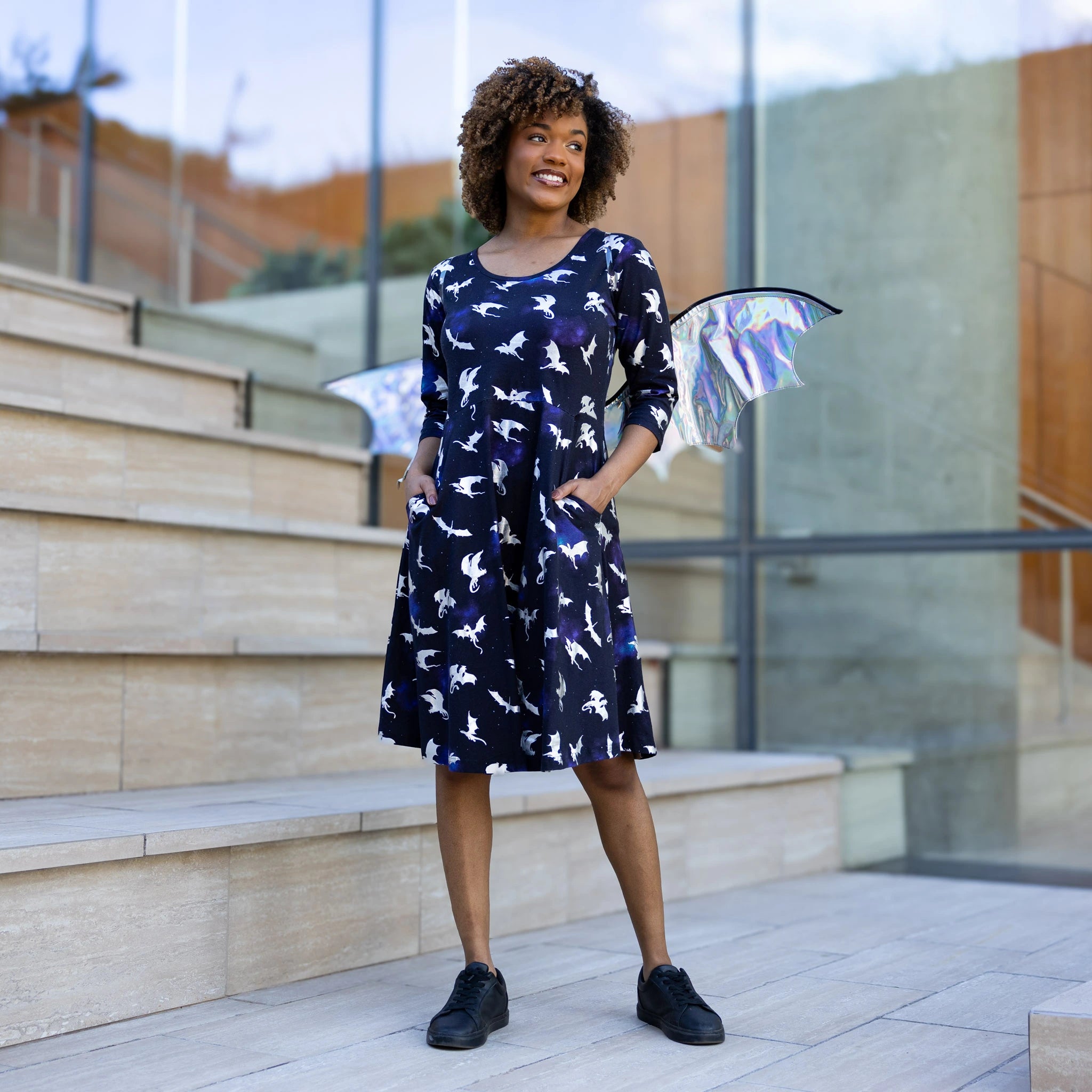 Dragons in Space 3/4th Sleeves Fit & Flare Dress