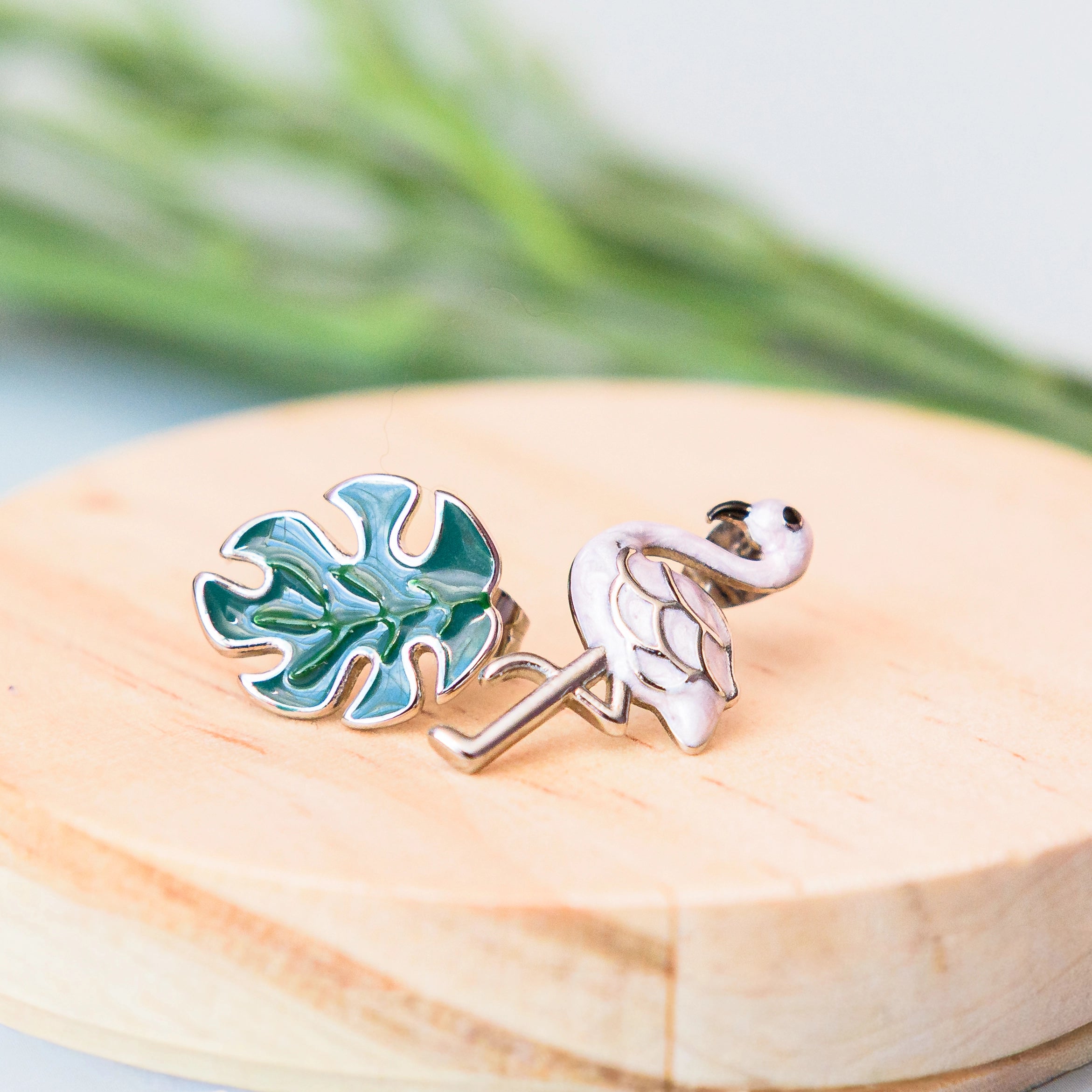 Flamingo and Leaf Stainless Steel Earrings