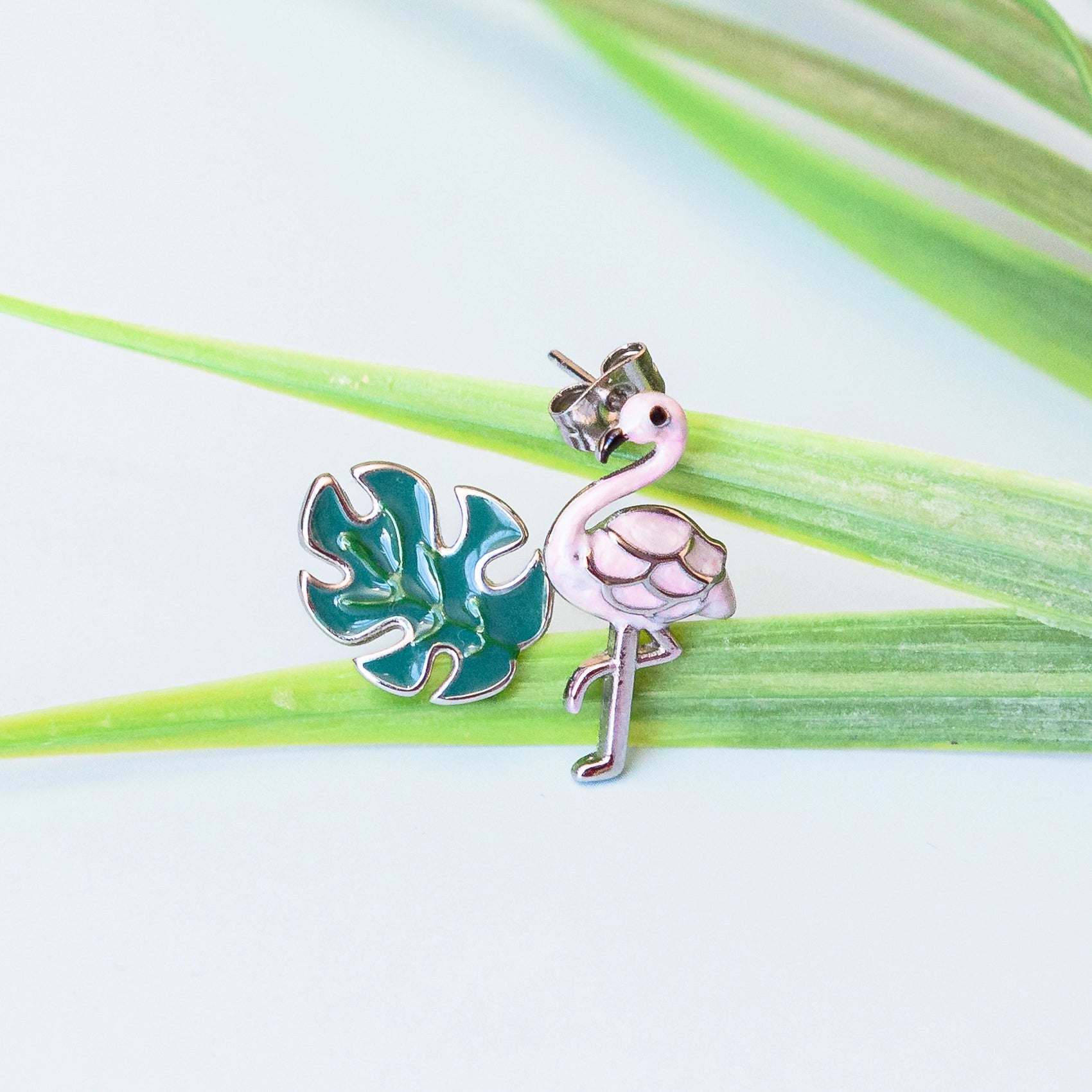Flamingo and Leaf Stainless Steel Earrings