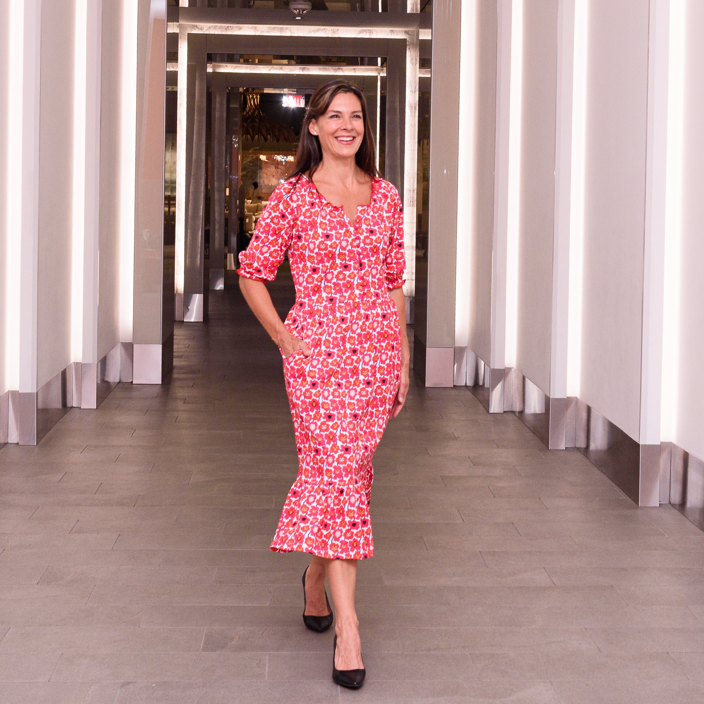 Floral Cat Family Midi Dress with Pockets