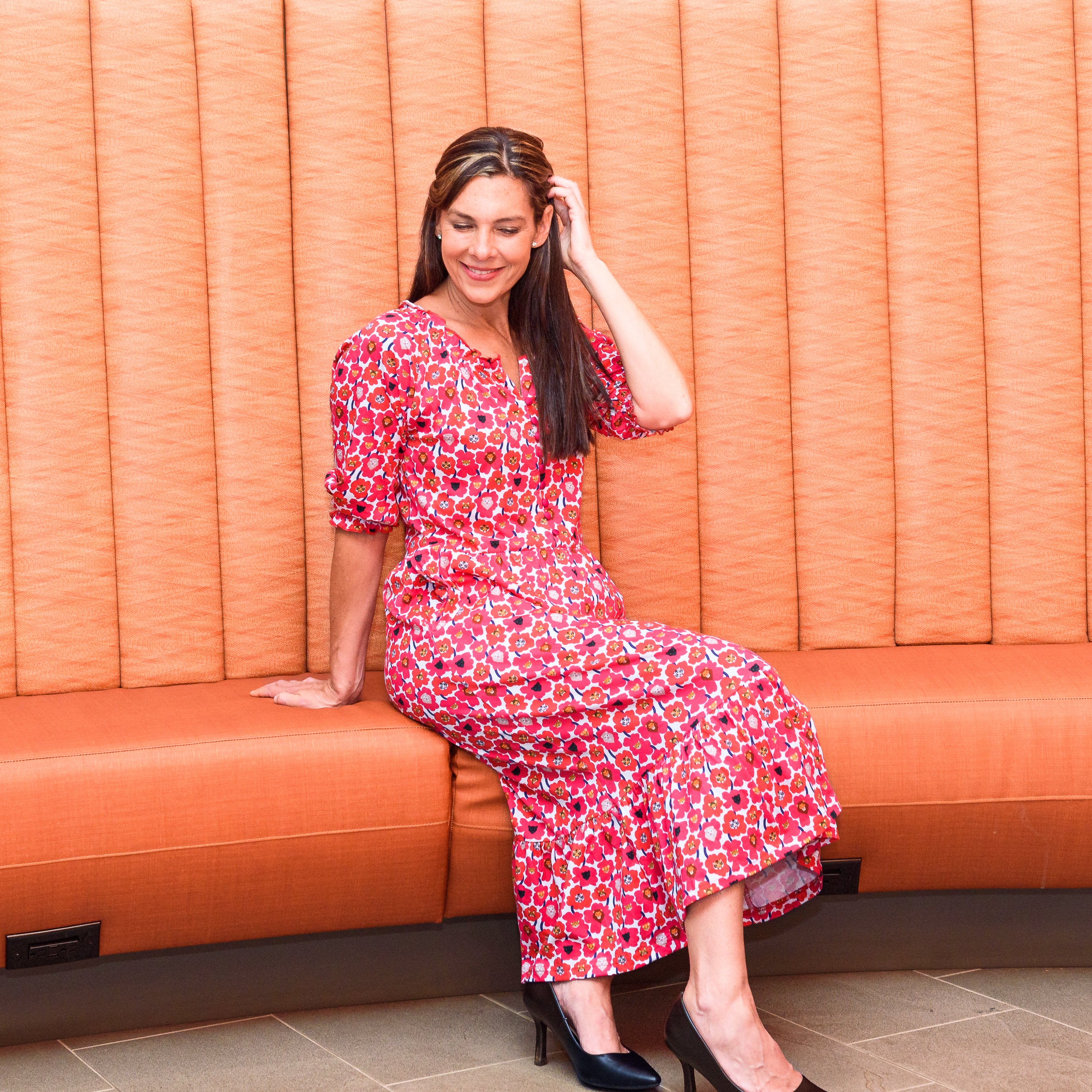 Floral Cat Family Midi Dress with Pockets