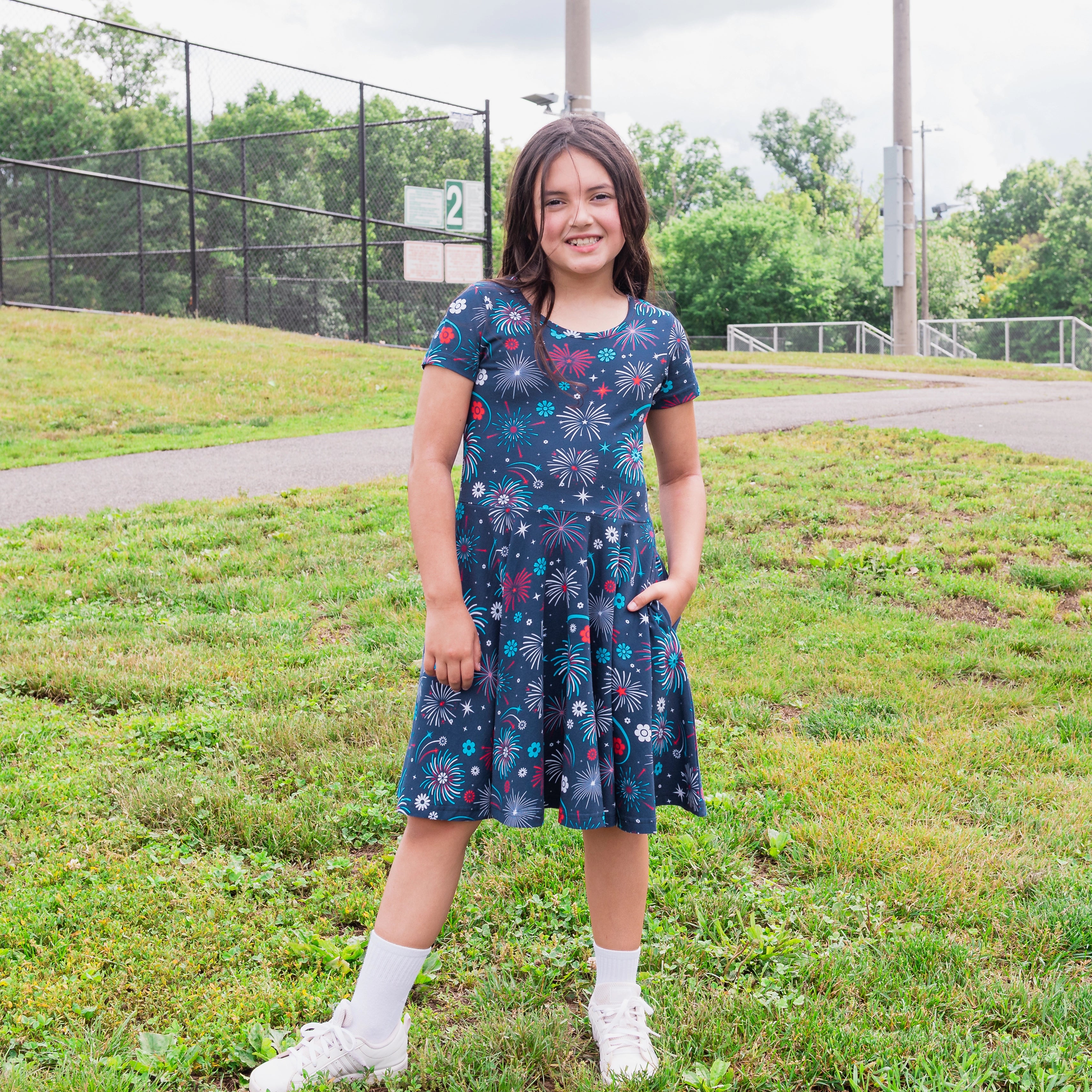 Floral Fireworks Kids Twirl Dress with Pockets