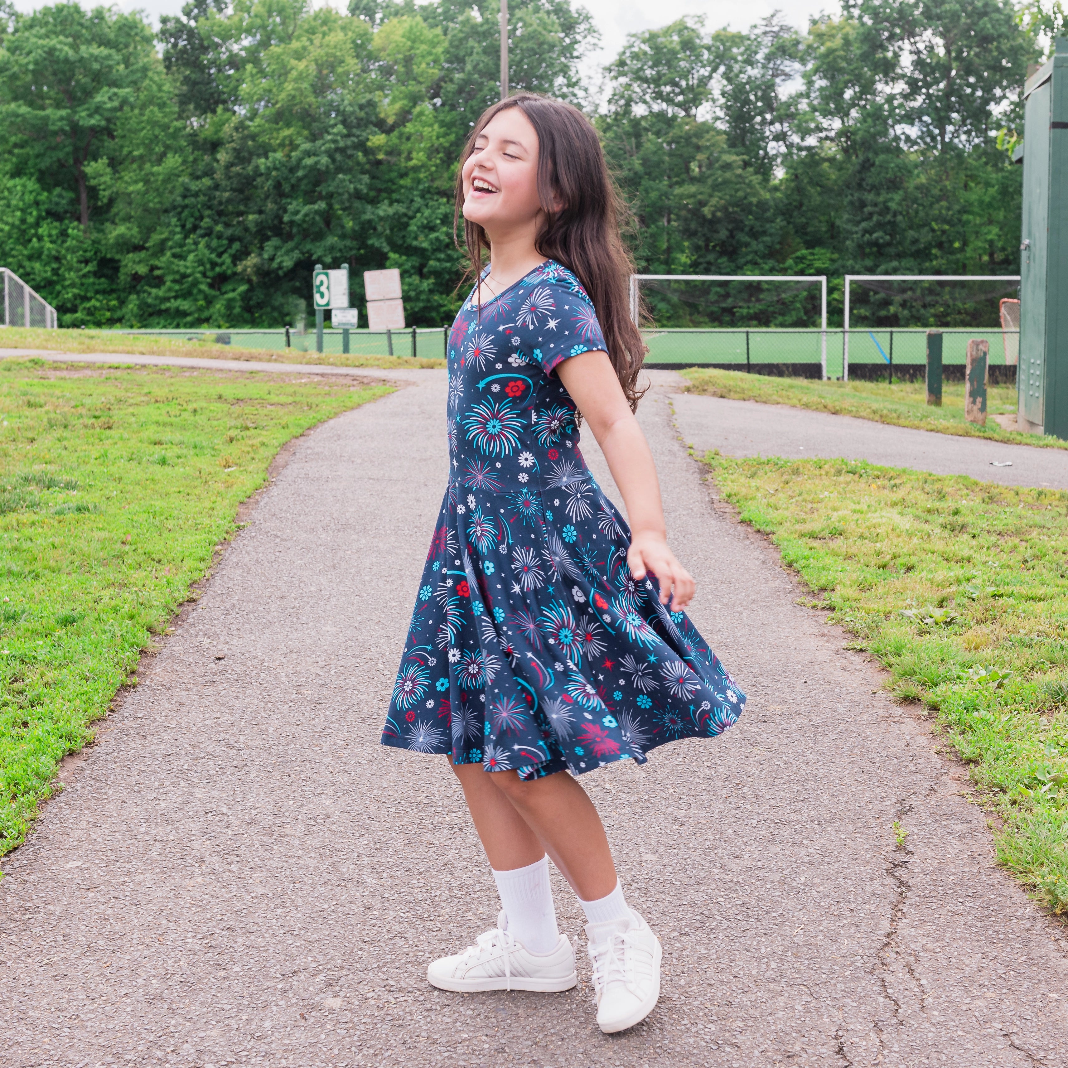 Floral Fireworks Kids Twirl Dress with Pockets