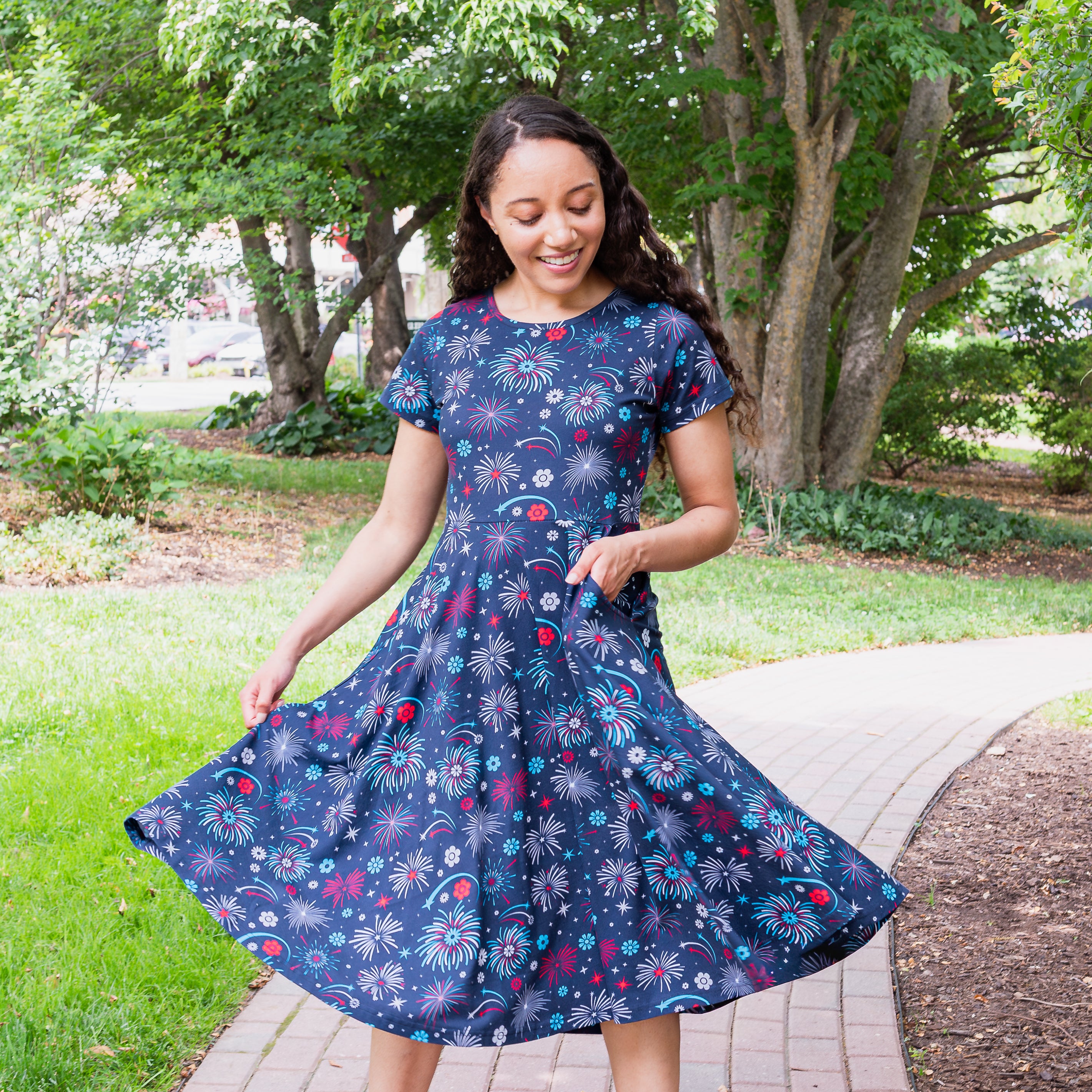 Floral Fireworks Petite Midi Twirl Dress with Pockets