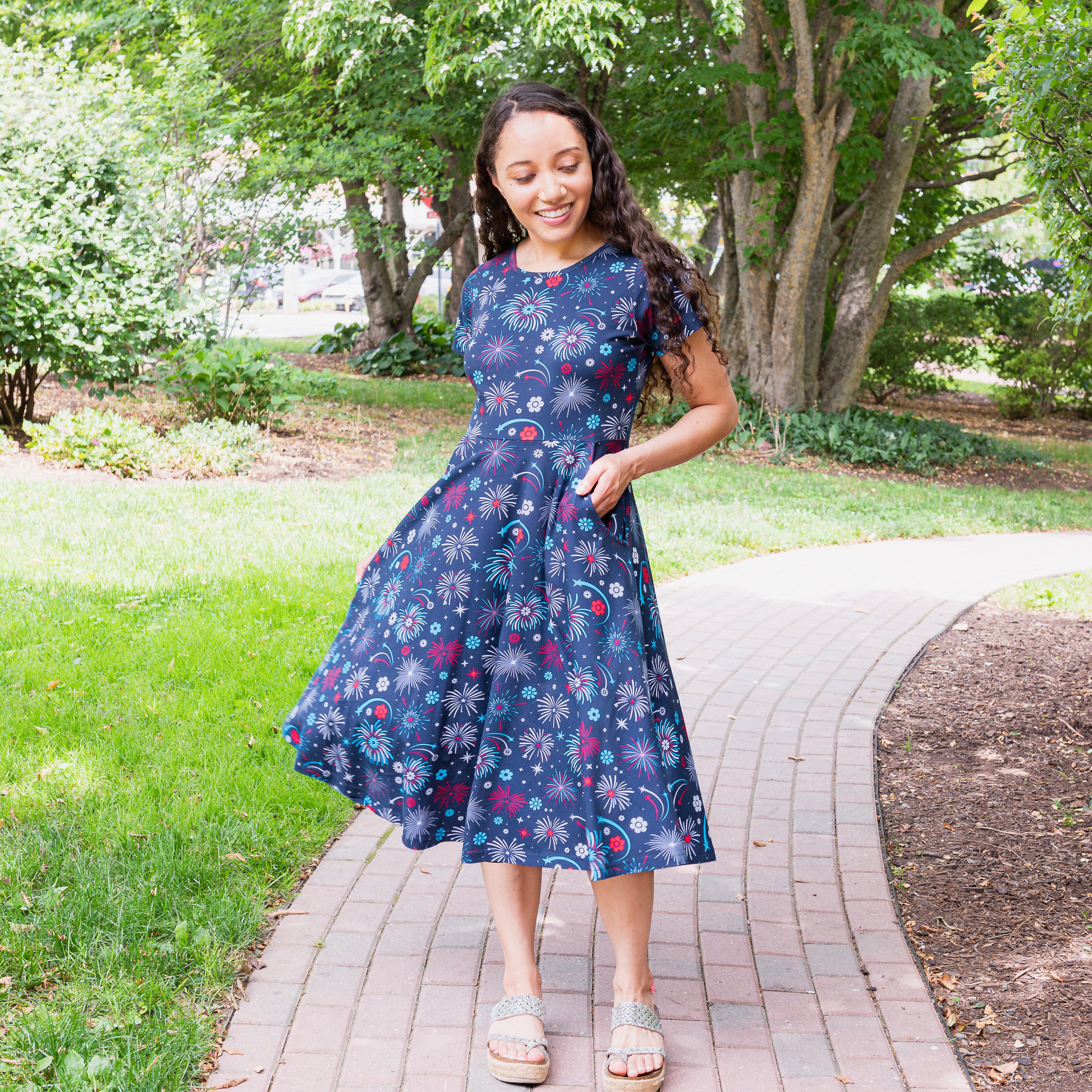 Floral Fireworks Petite Midi Twirl Dress with Pockets