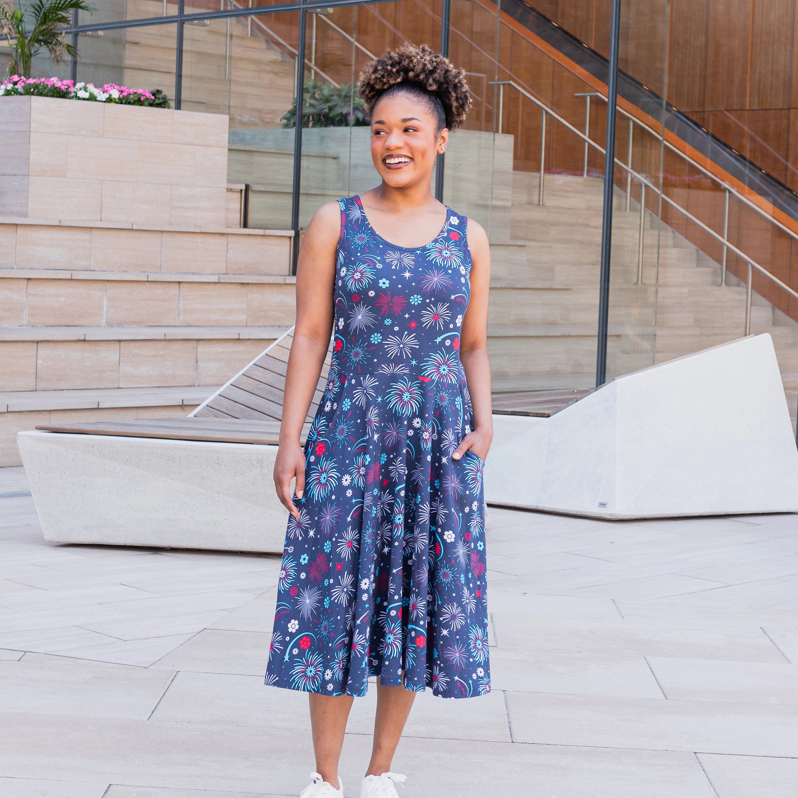 Floral Fireworks Sleeveless Twirl Dress with Pockets
