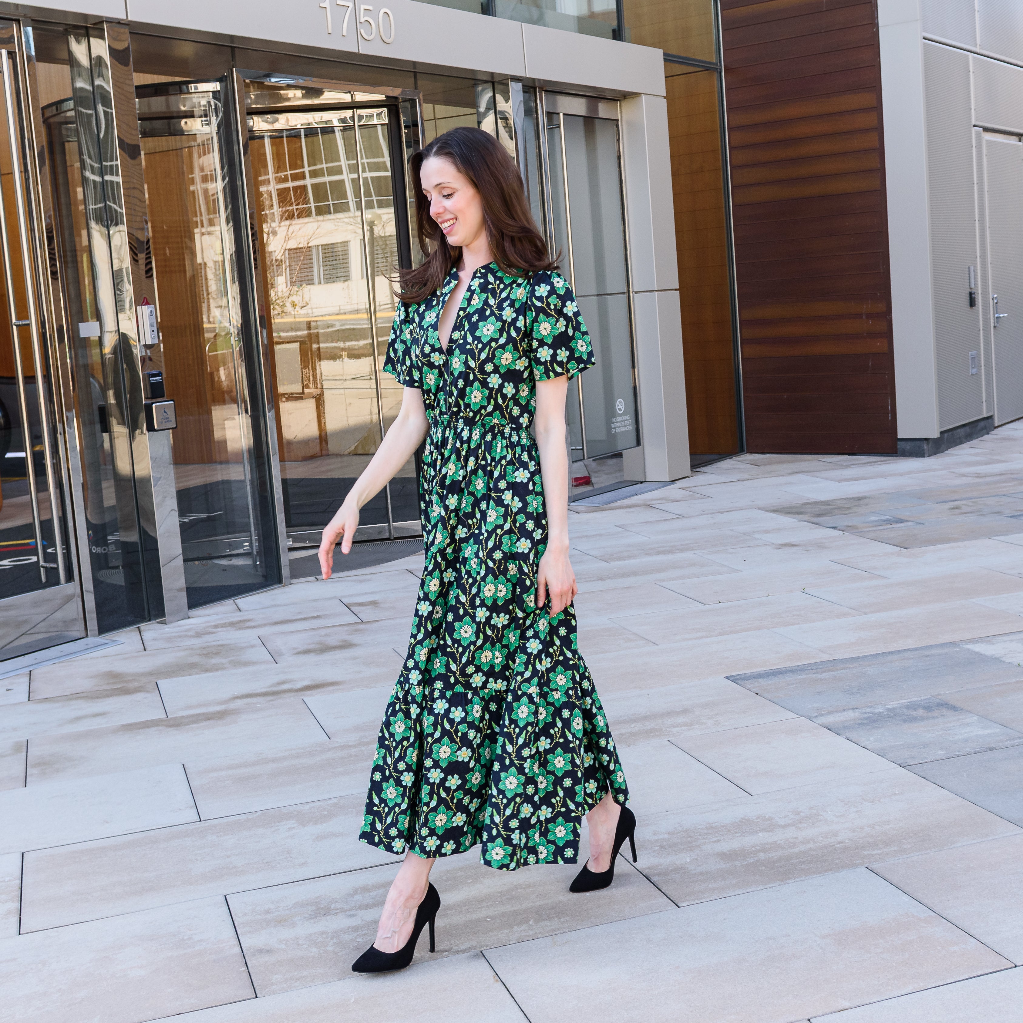 Green Floral Long Midi Woven Dress with Pockets