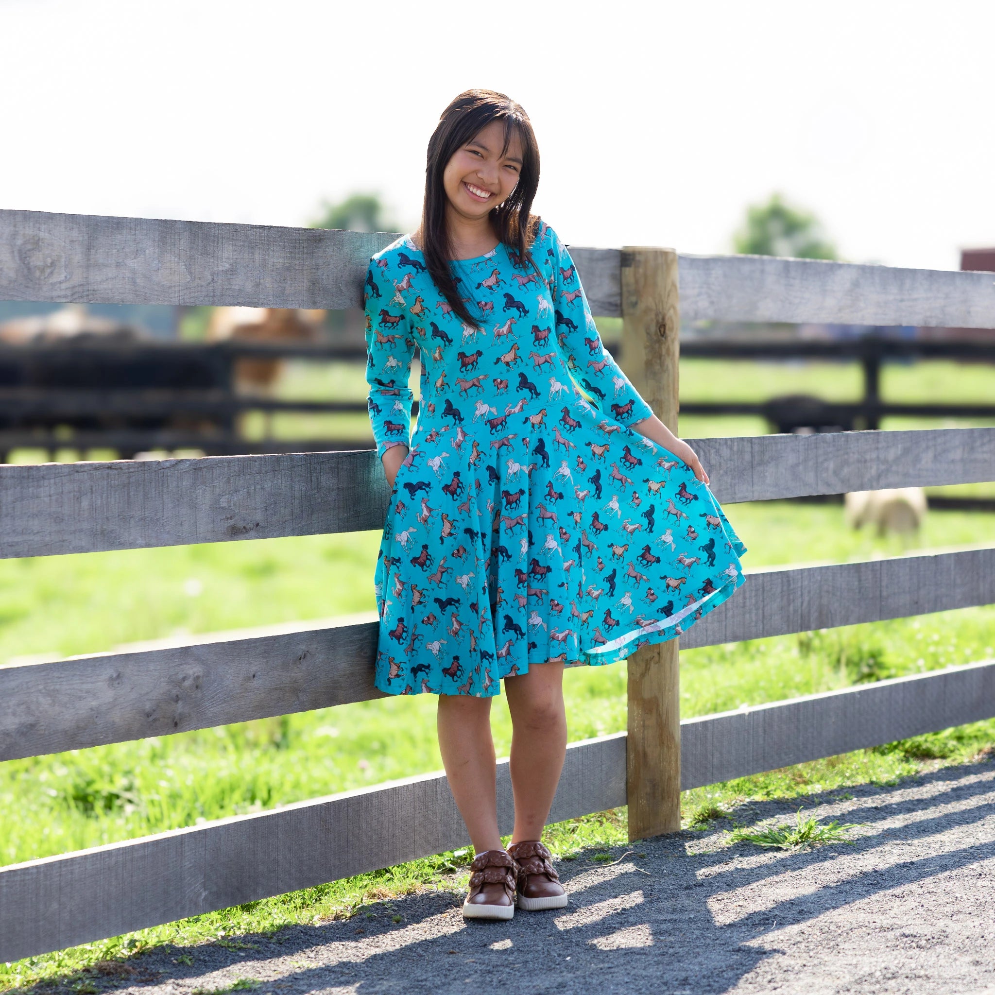 Horsing Around 3/4th Sleeves Kids Twirl Dress