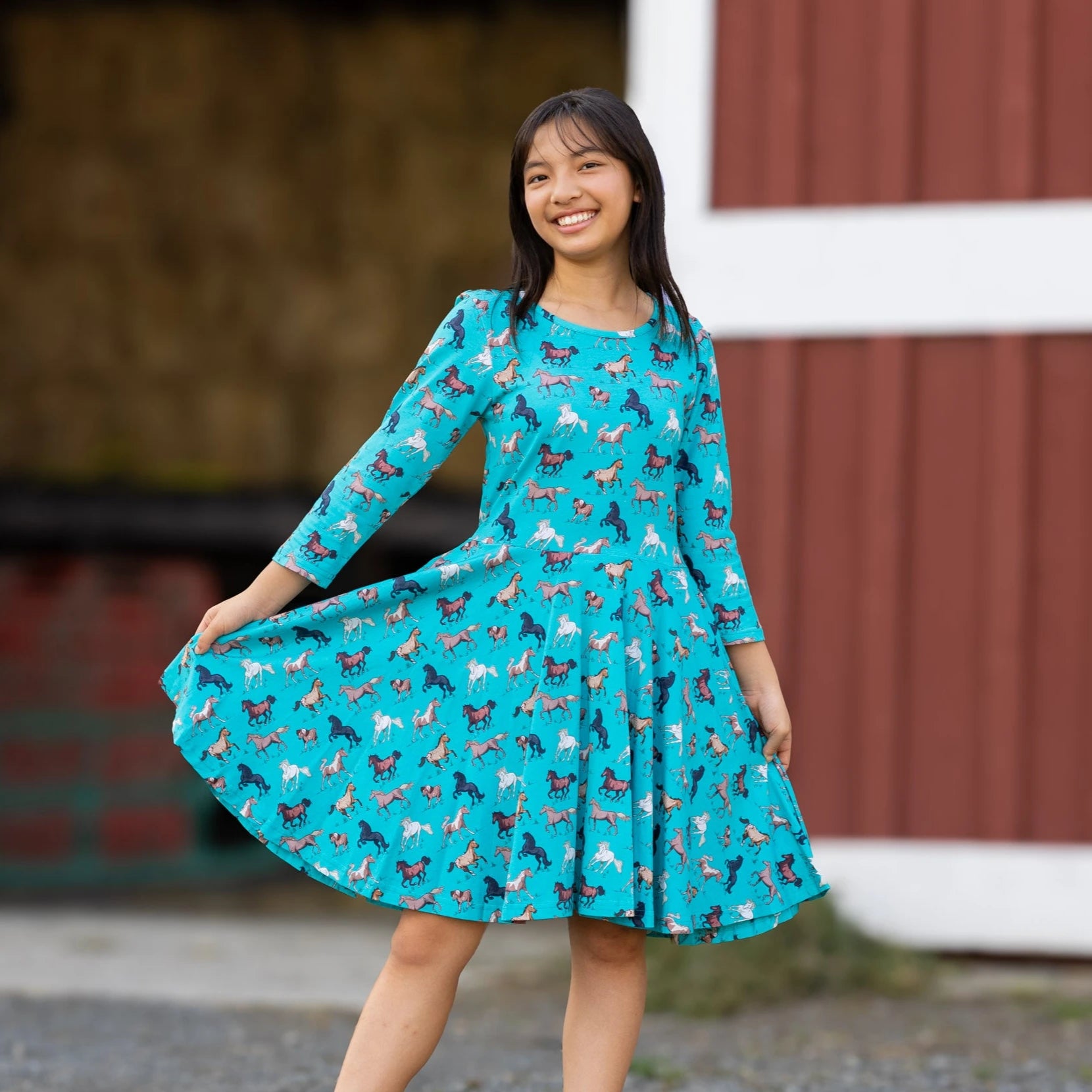 Horsing Around 3/4th Sleeves Kids Twirl Dress