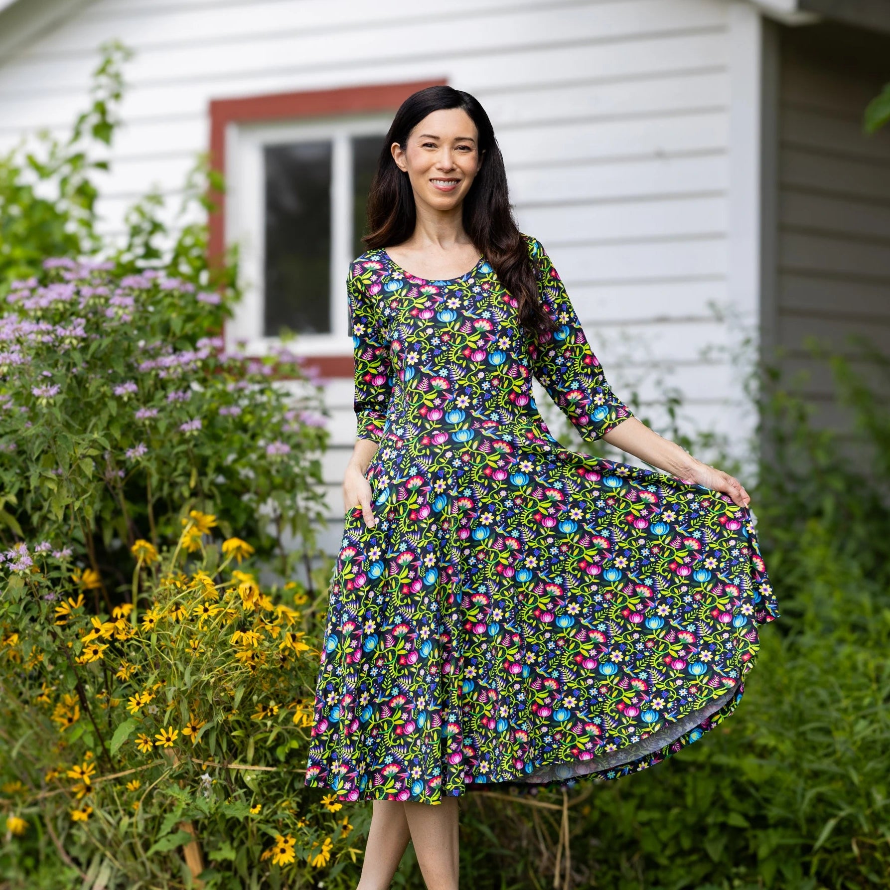 Hummingbird Paradise 3/4th Sleeves Twirl Dress