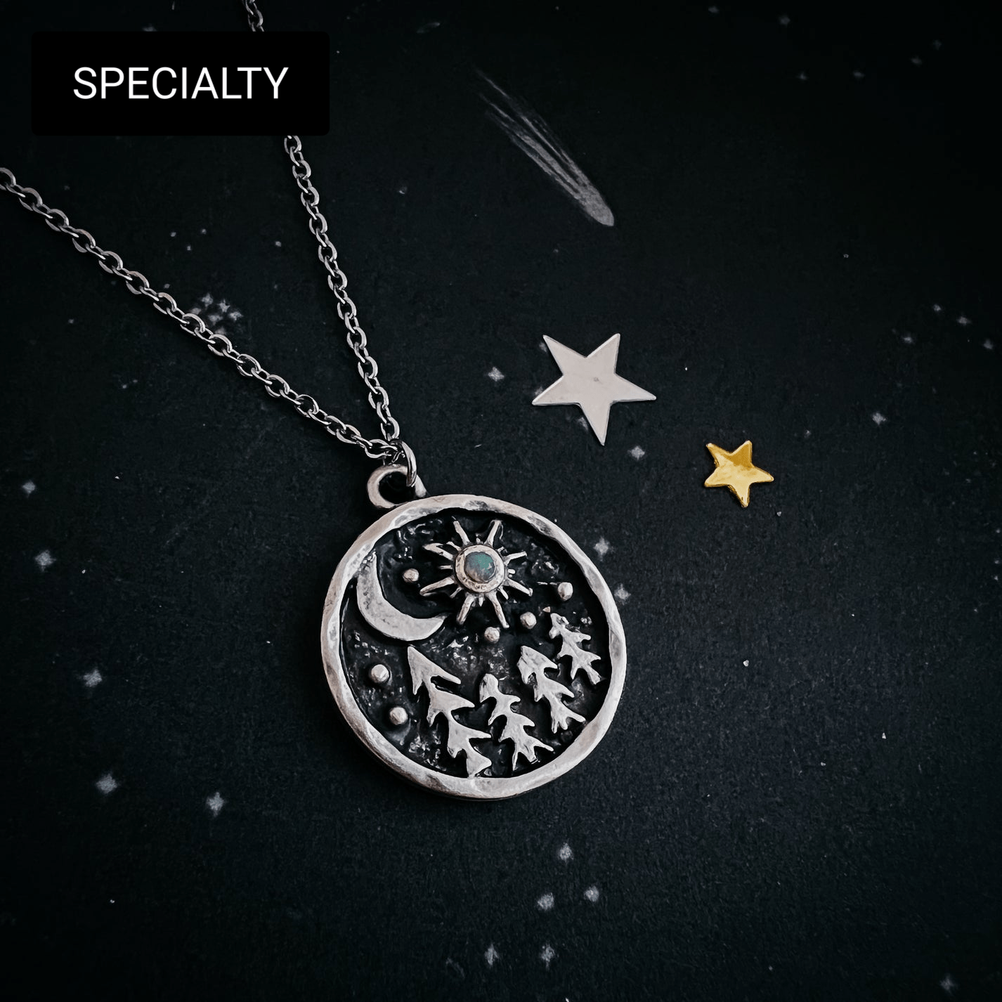 Starry Forest Night Pendant Necklace with Opal