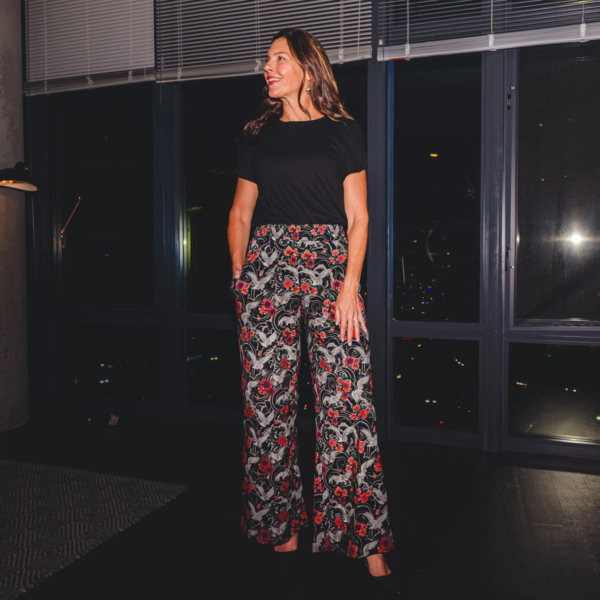 Imperial Crane Garden Palazzo Pants with Pockets