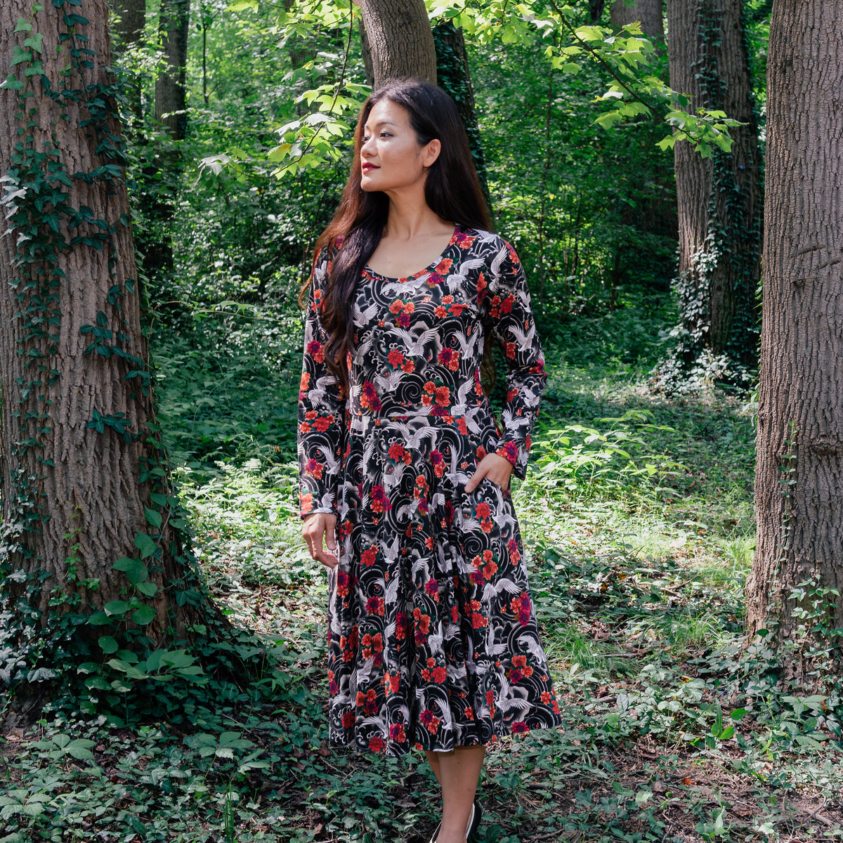 Imperial Crane Garden Twirl Dress with Pockets