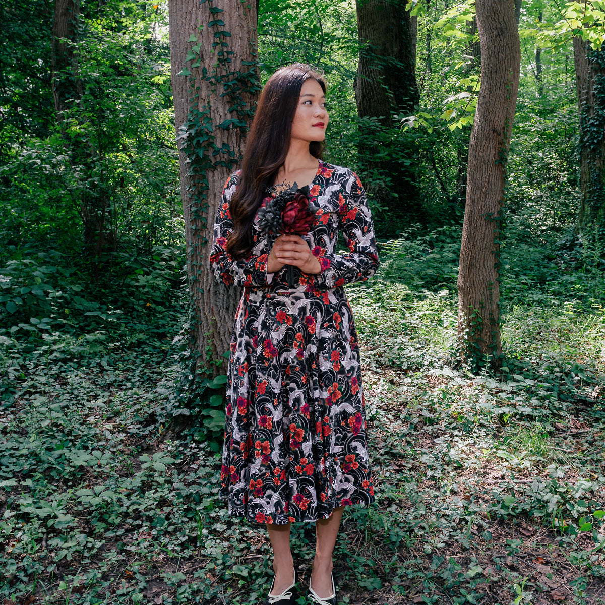 Imperial Crane Garden Twirl Dress with Pockets