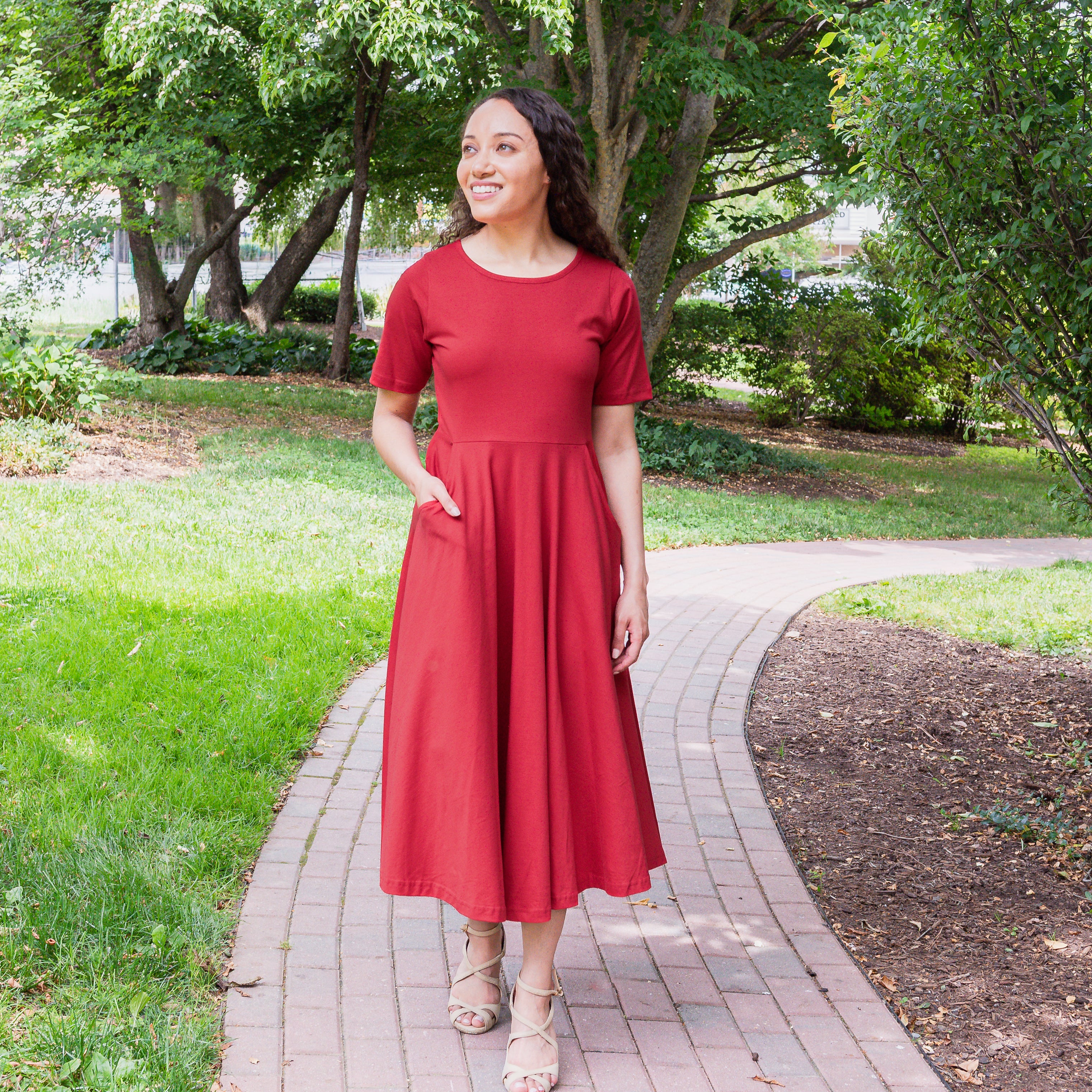 Lava Falls Red Petite Midi Twirl Dress with Pockets