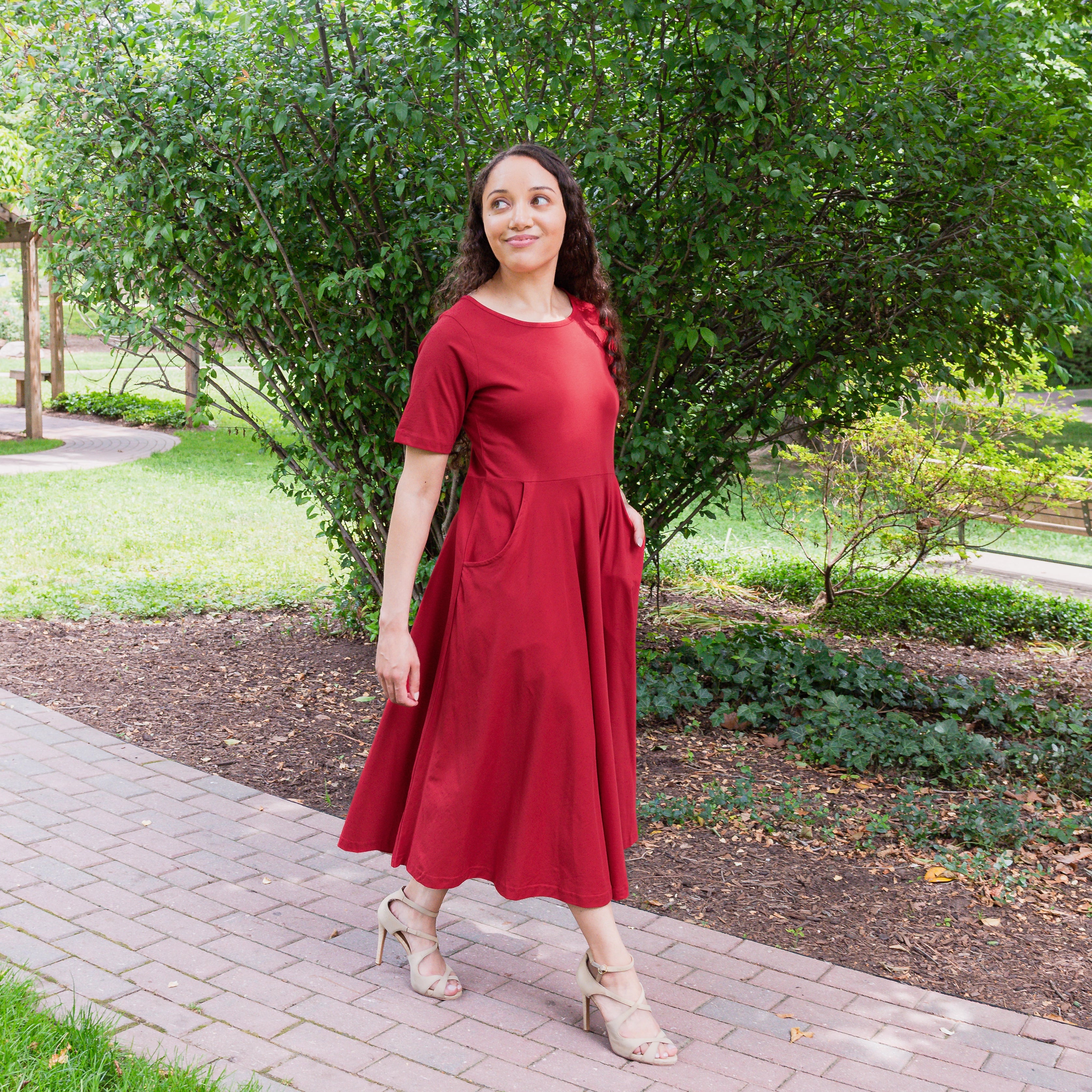 Lava Falls Red Petite Midi Twirl Dress with Pockets