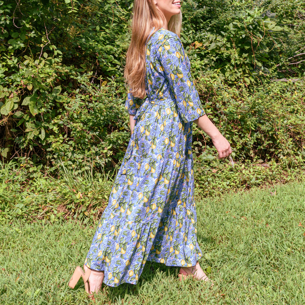 Lemon Riviera Faux Wrap Dress with Pockets