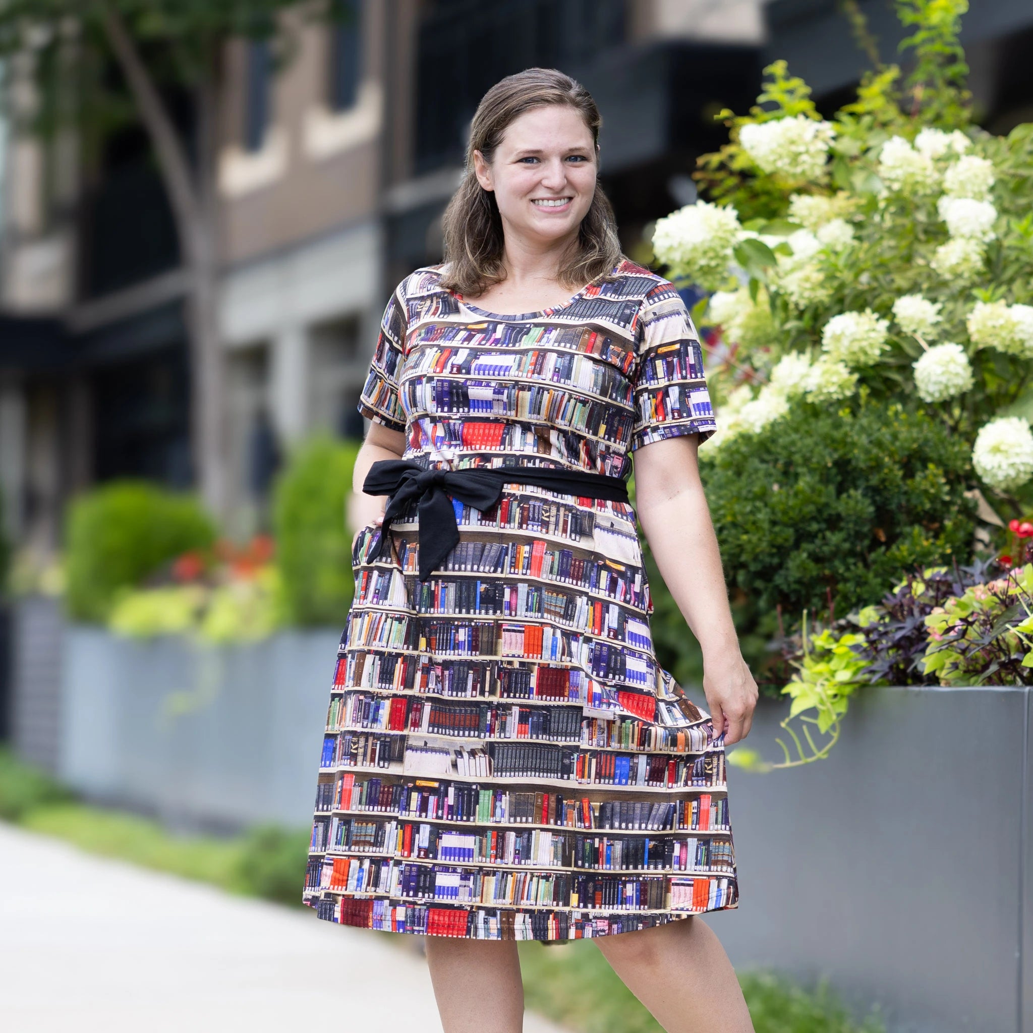 Library Shelves Belted A-Line Dress (No Waist Seam)