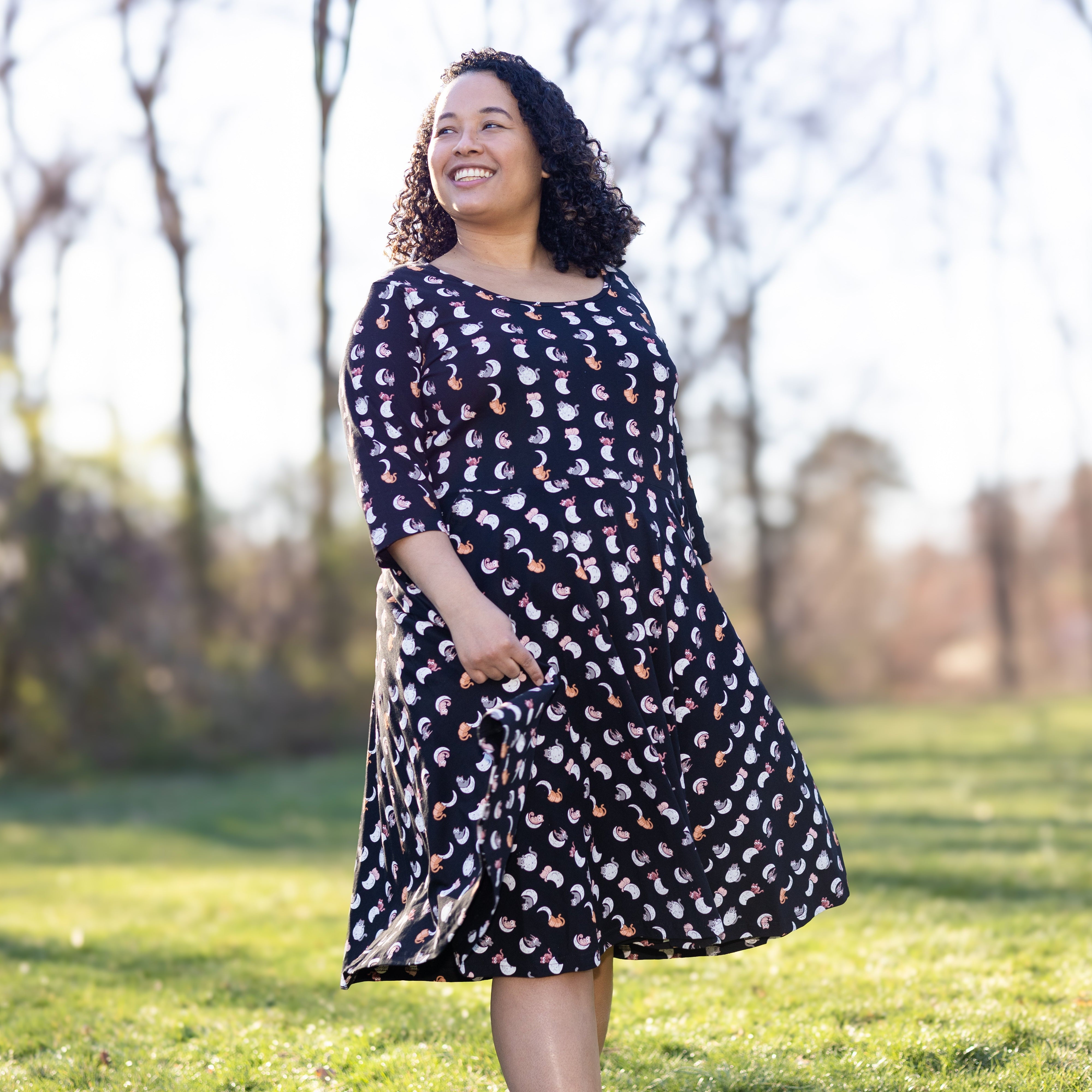 Lunar Kitty Glow-in-the-Dark 3/4th Sleeves Full Twirl Dress