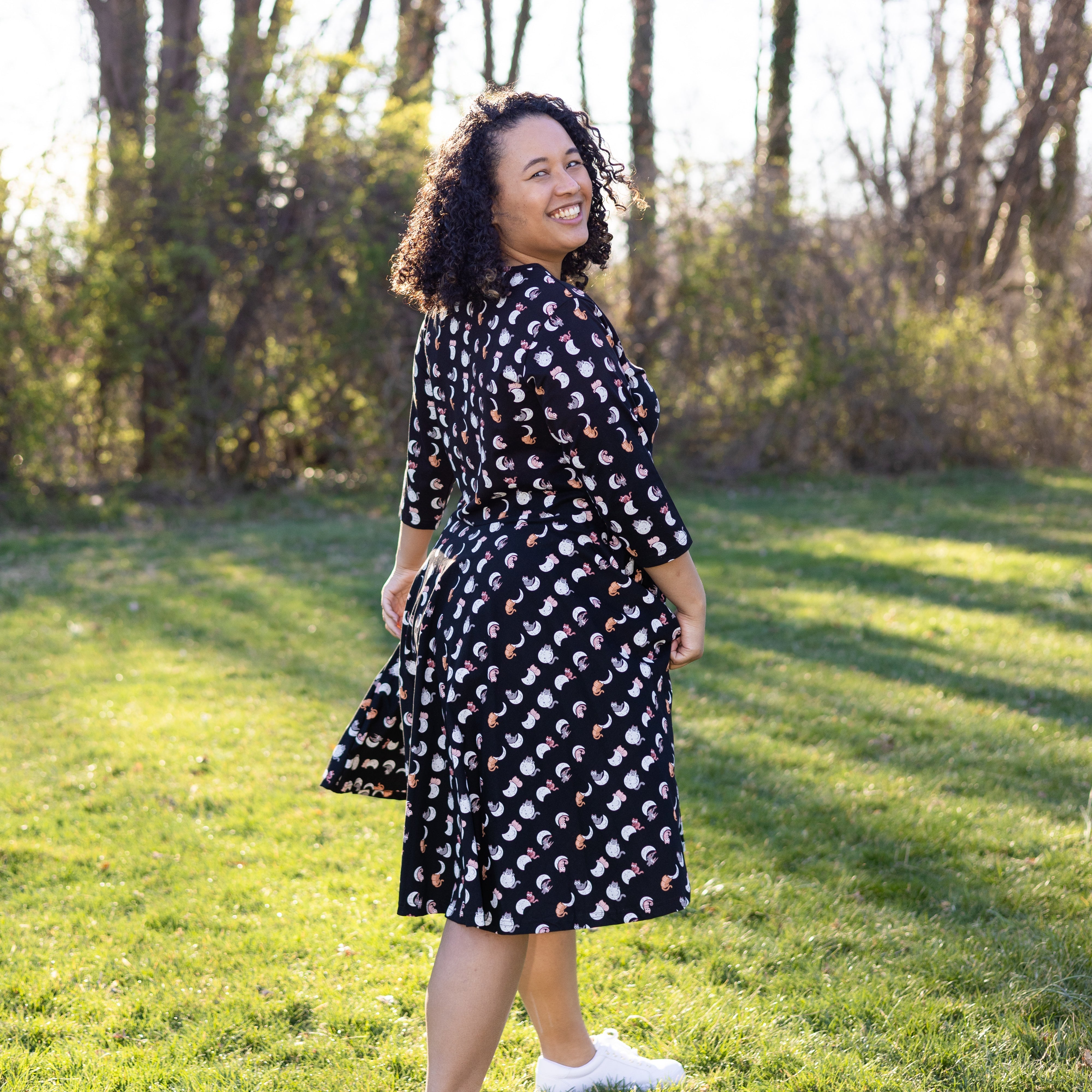 Lunar Kitty Glow-in-the-Dark 3/4th Sleeves Full Twirl Dress