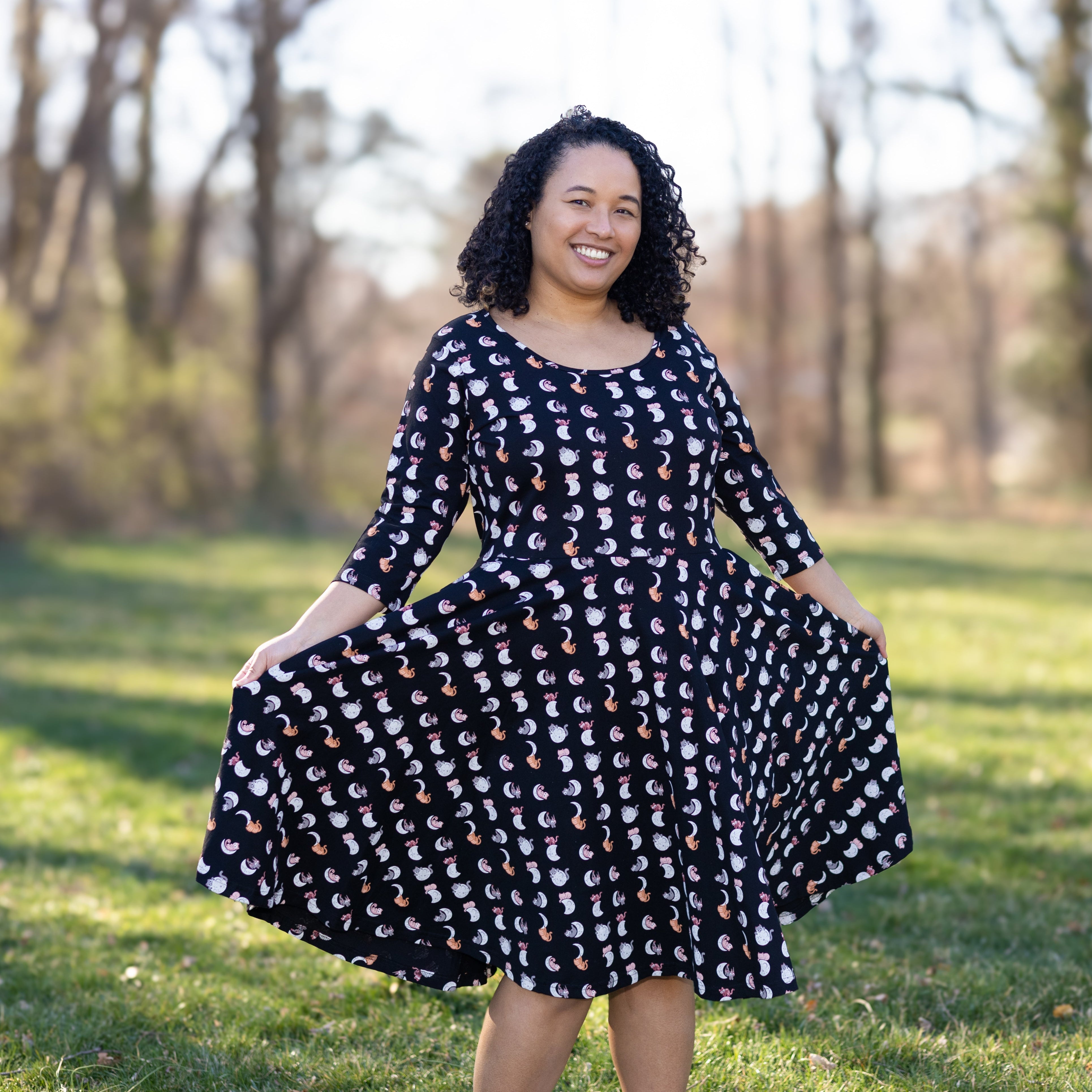 Lunar Kitty Glow-in-the-Dark 3/4th Sleeves Full Twirl Dress