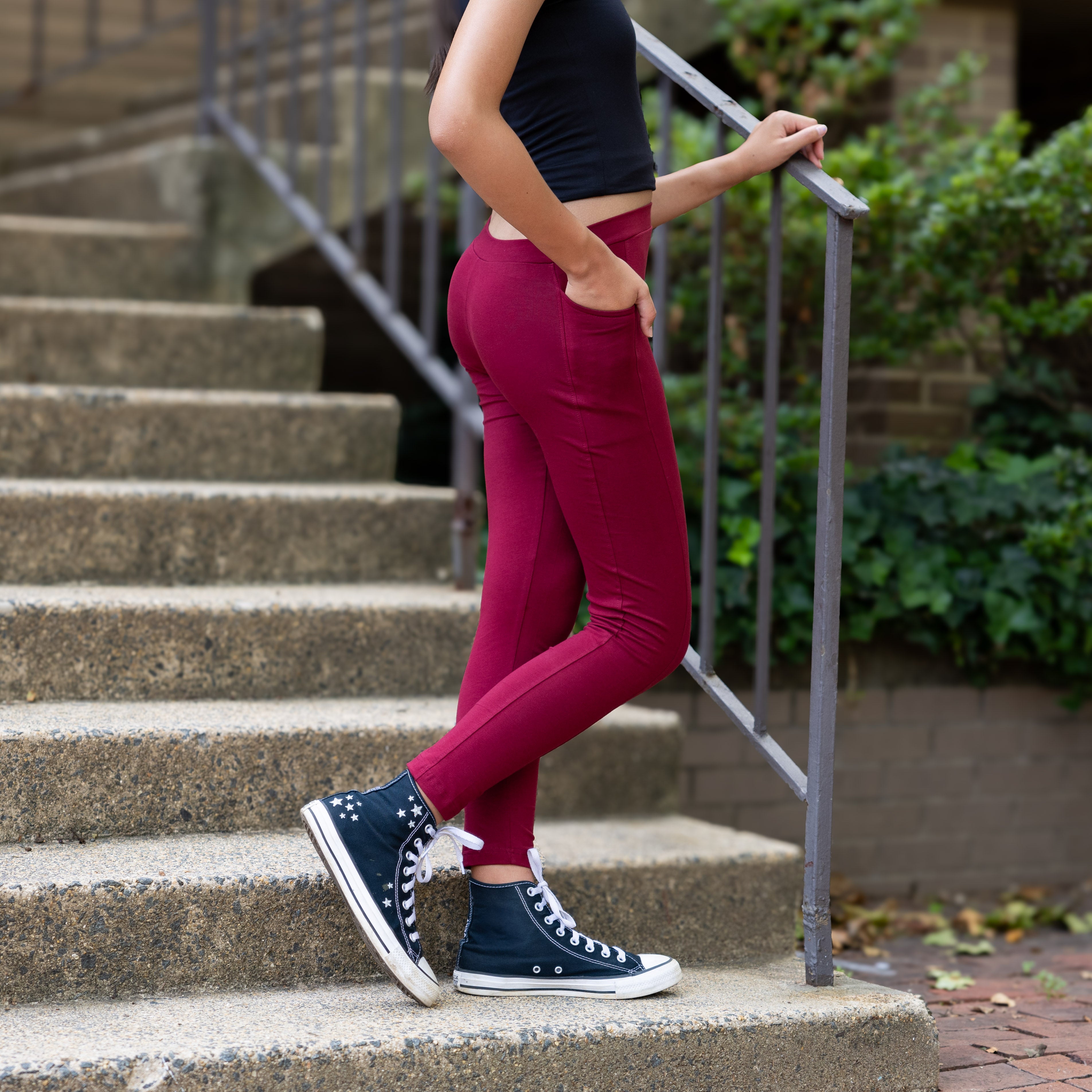 Bright Maroon Kids Leggings with Pockets