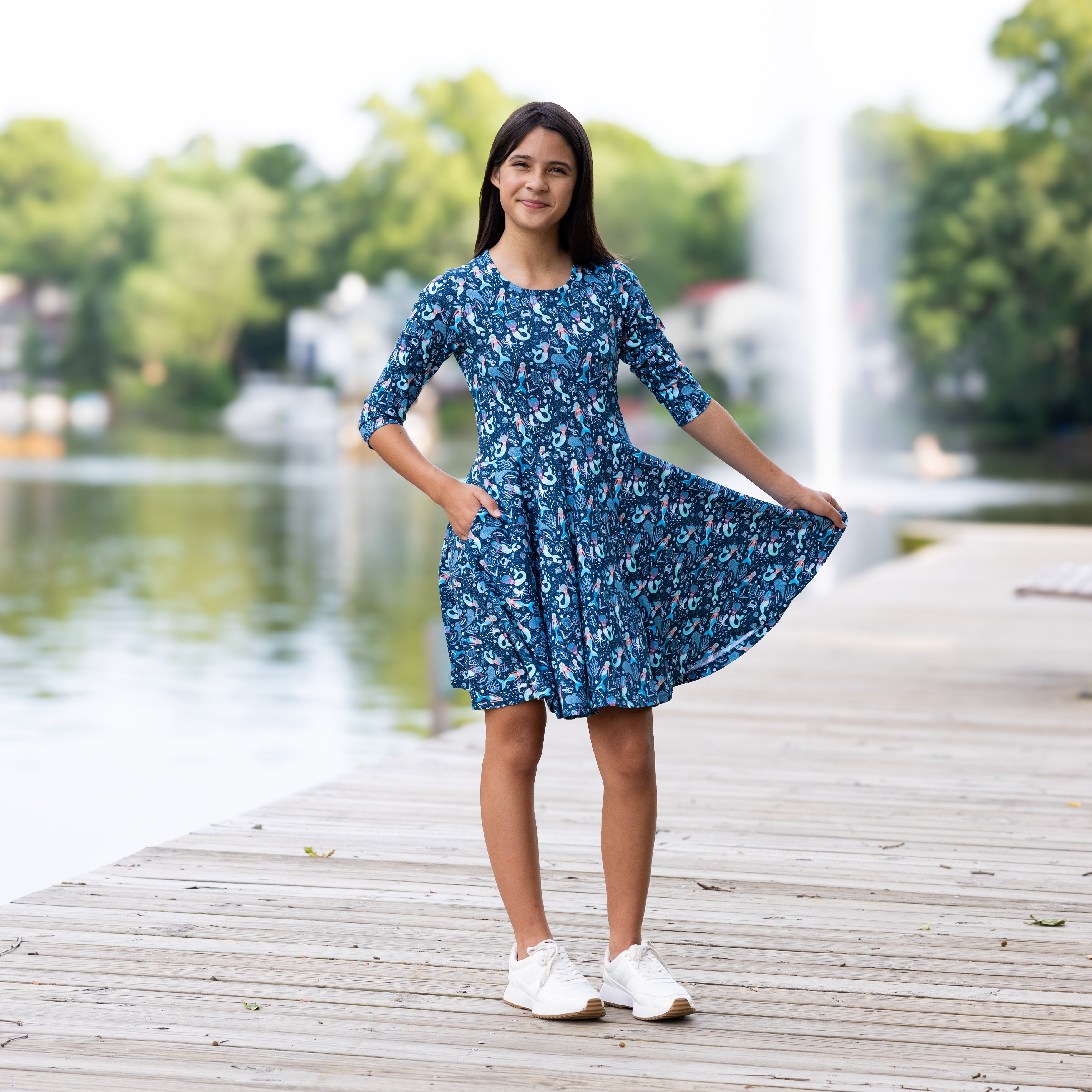 Mermaids 3/4th Sleeves Kids Twirl Dress