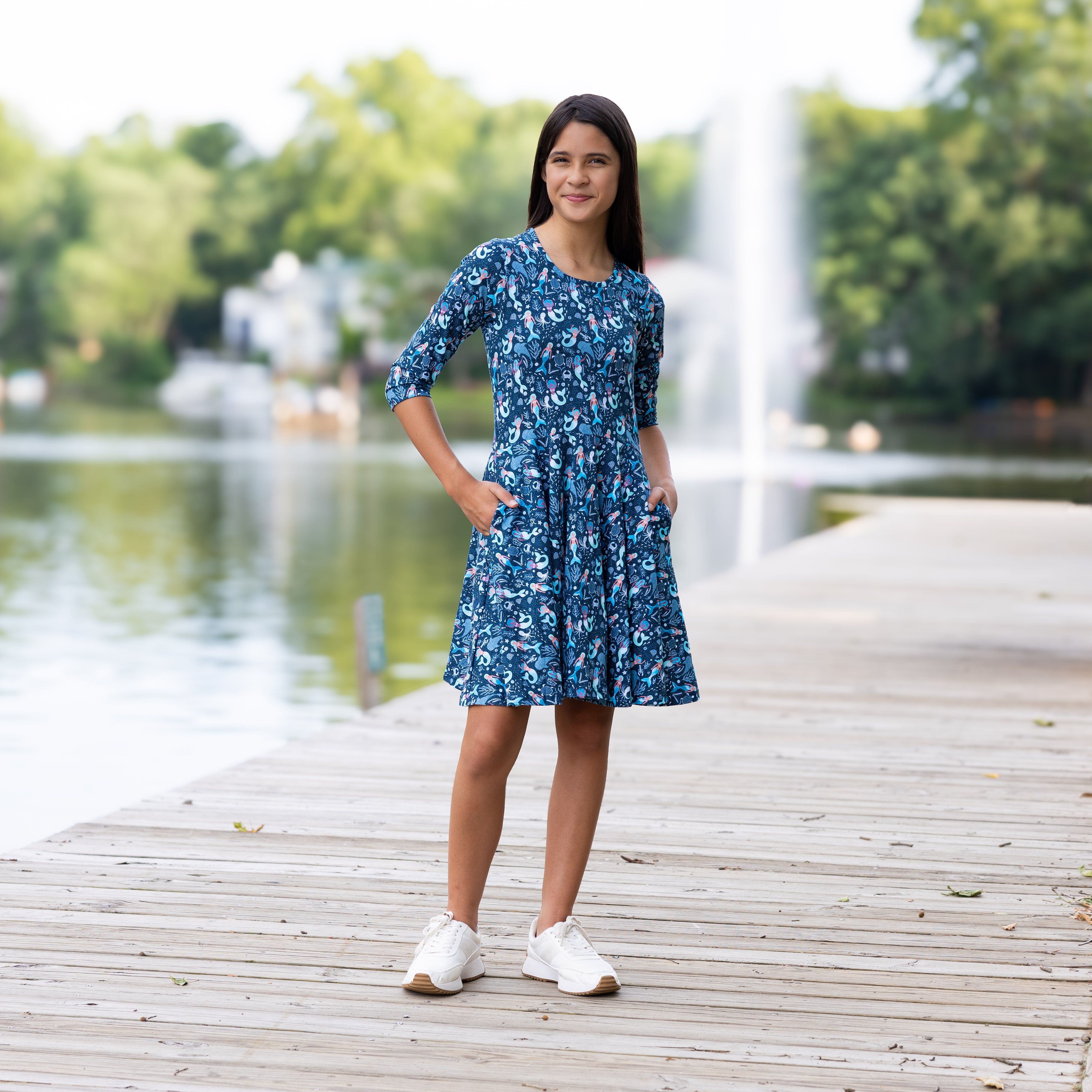 Mermaids 3/4th Sleeves Kids Twirl Dress