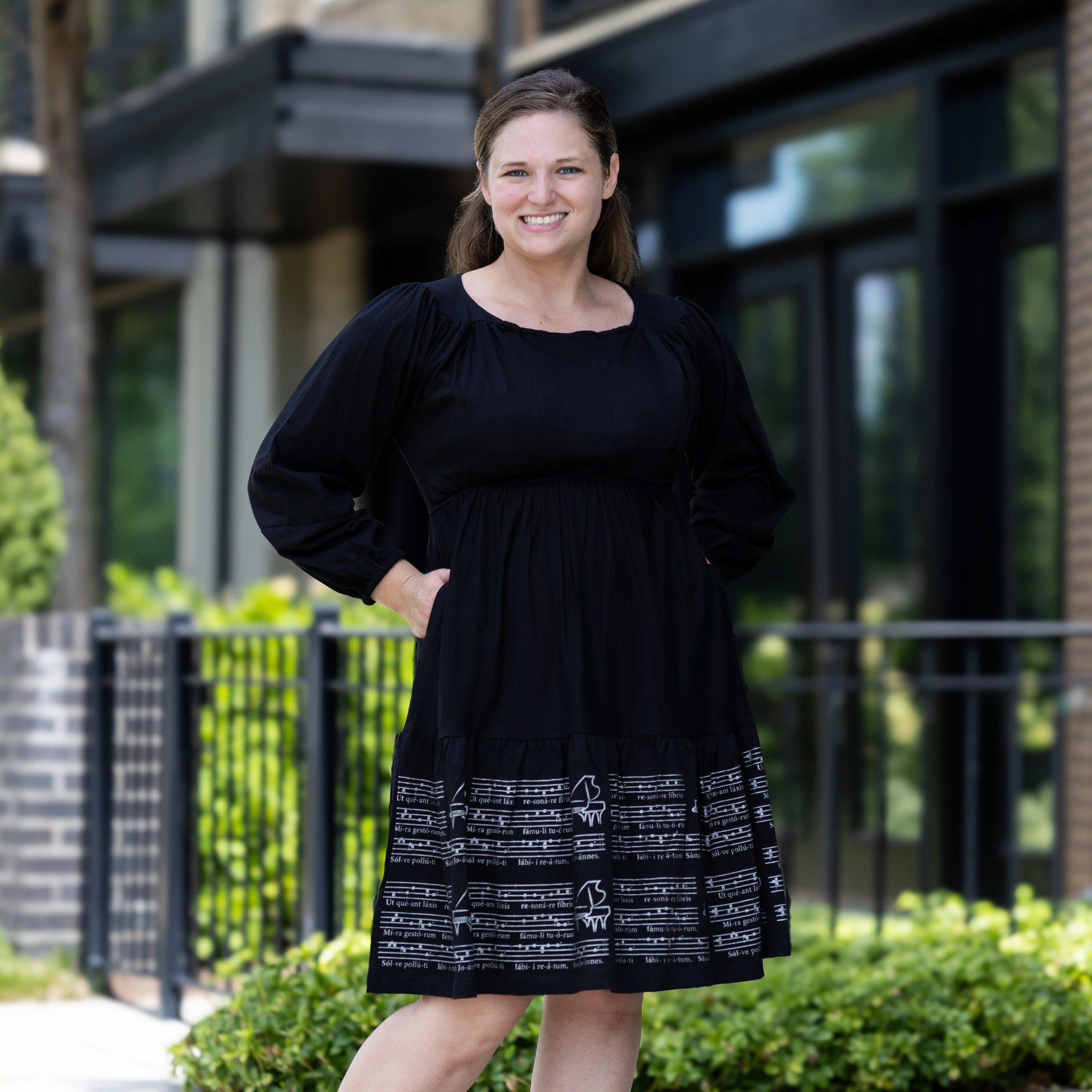 Musical Sheet Long Sleeve Dress (With Waist Seam)