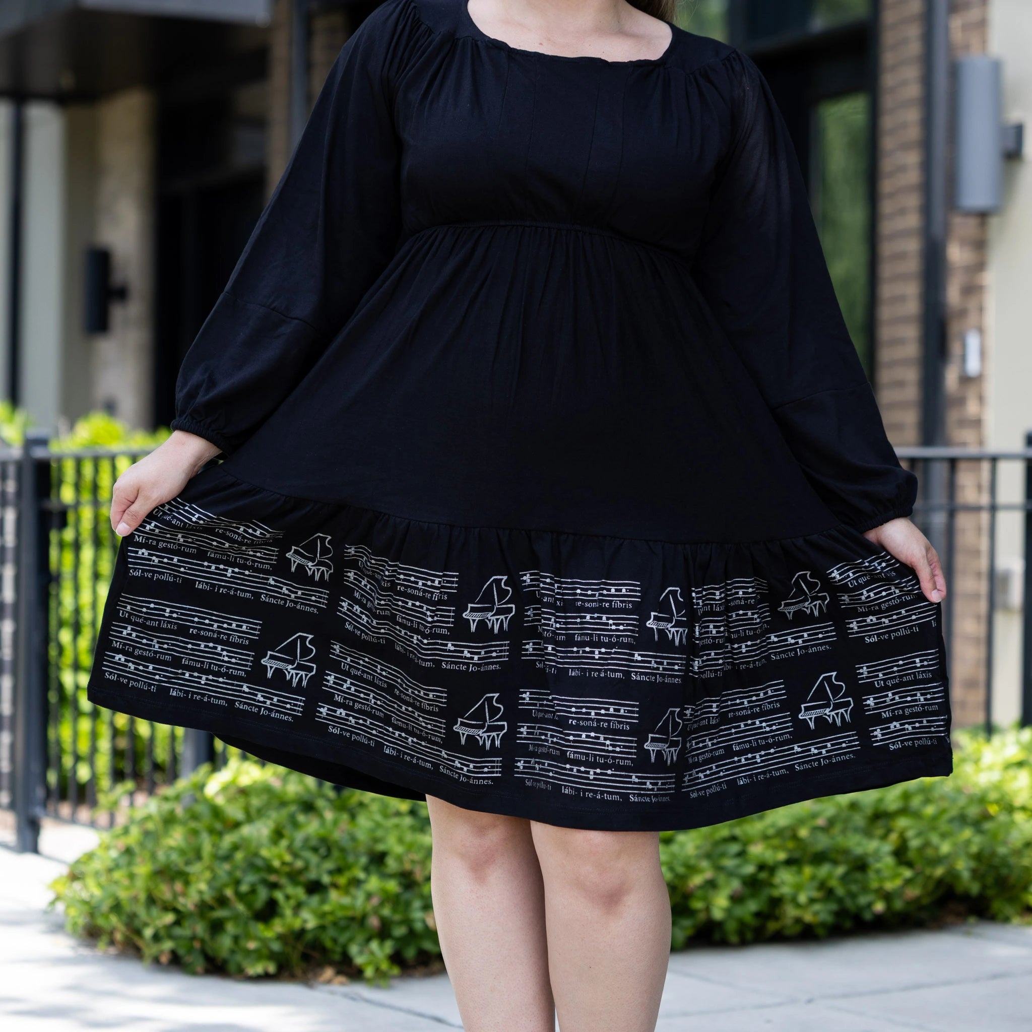 Musical Sheet Long Sleeve Dress (With Waist Seam)