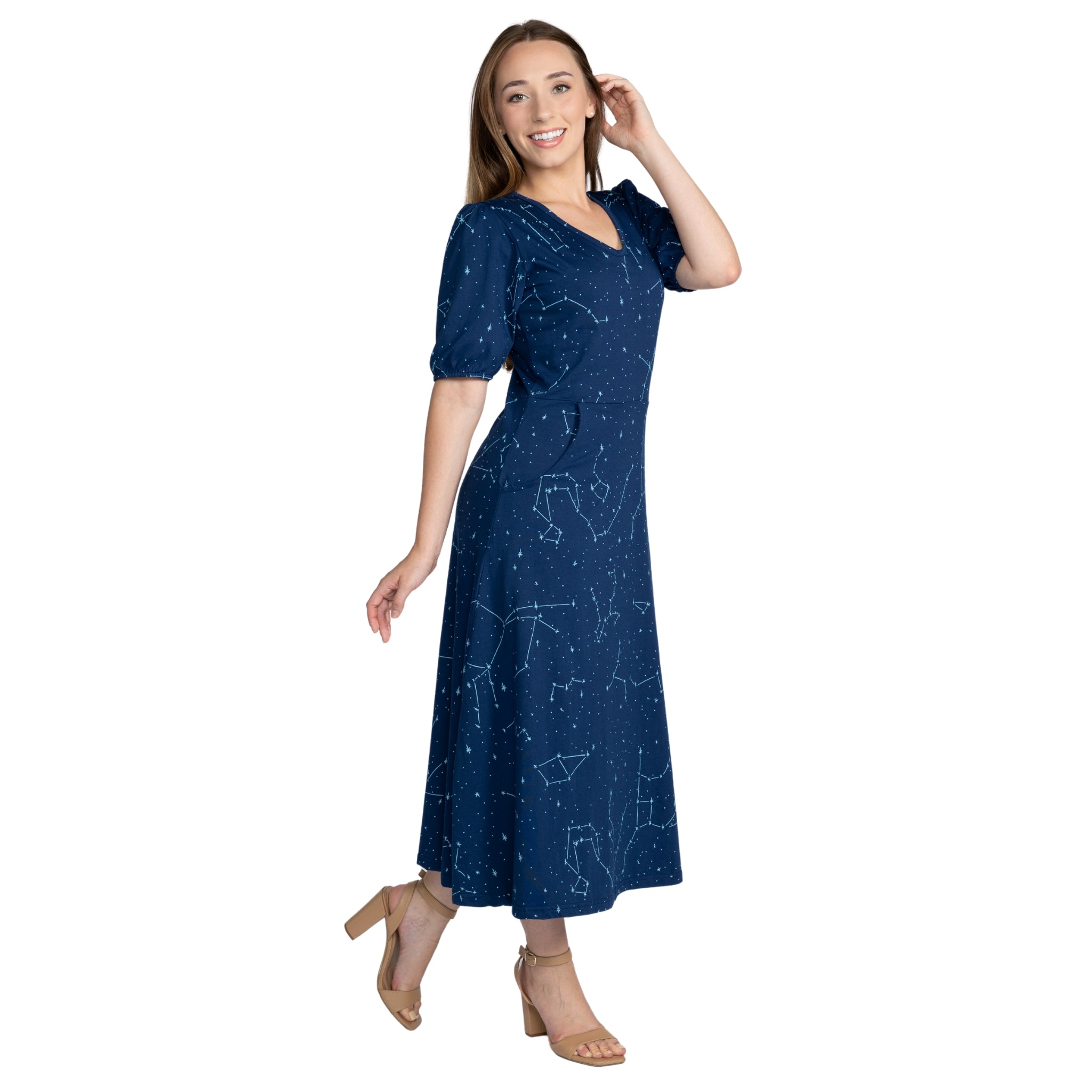 Constellations Glow-in-the-Dark Navy Long Midi Dress with Pockets
