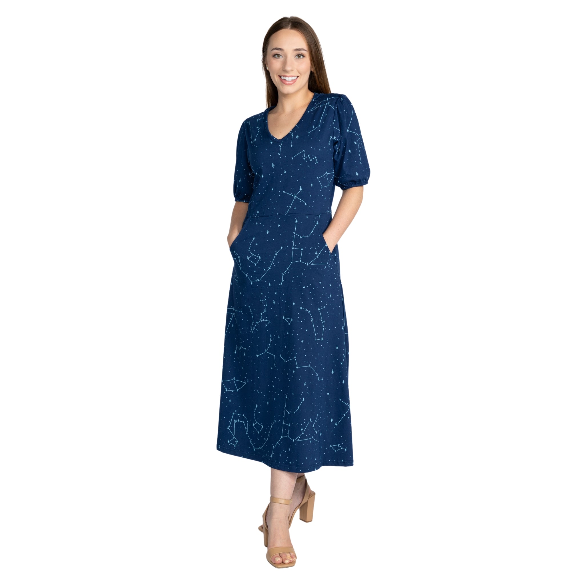 Constellations Glow-in-the-Dark Navy Long Midi Dress with Pockets