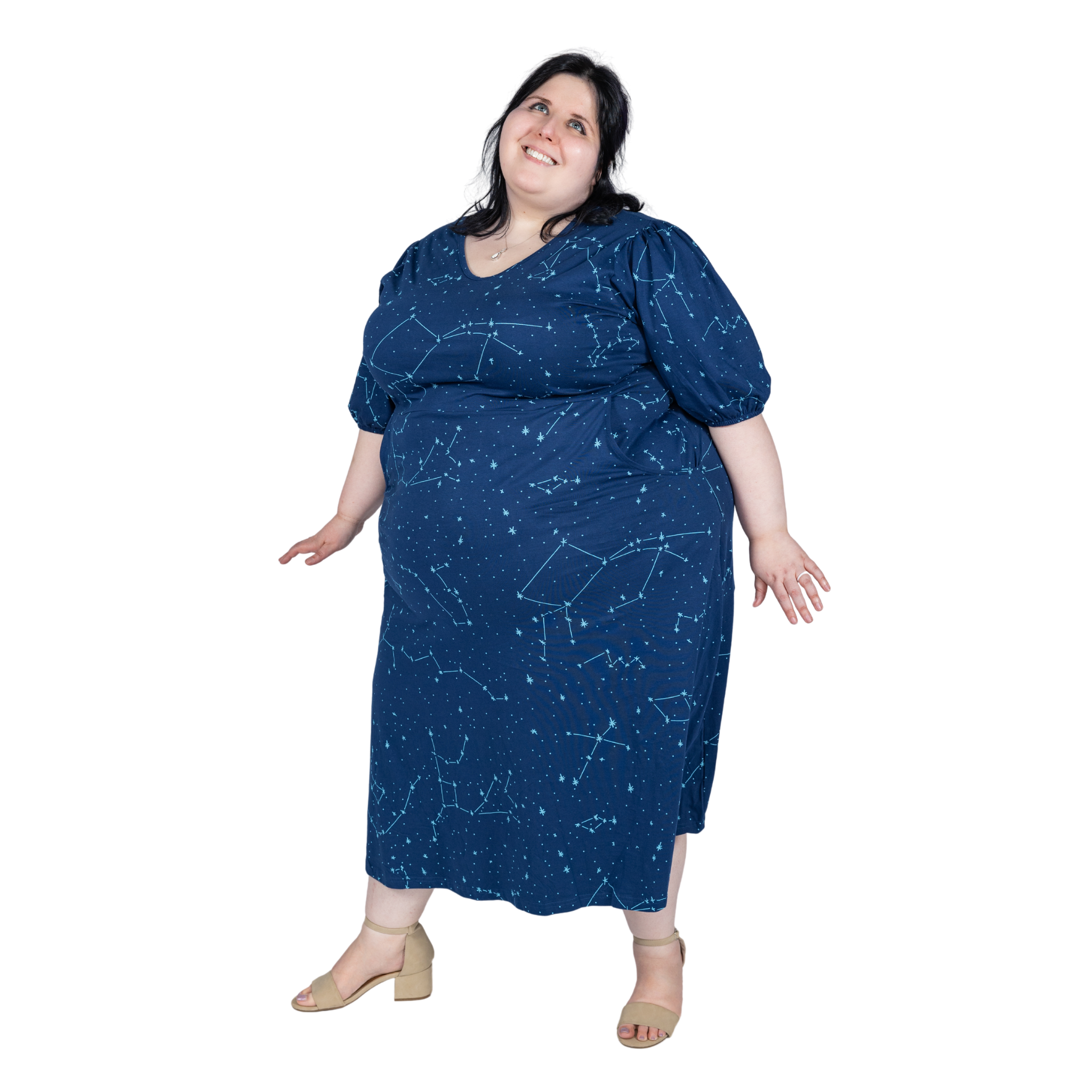 Constellations Glow-in-the-Dark Navy Long Midi Dress with Pockets