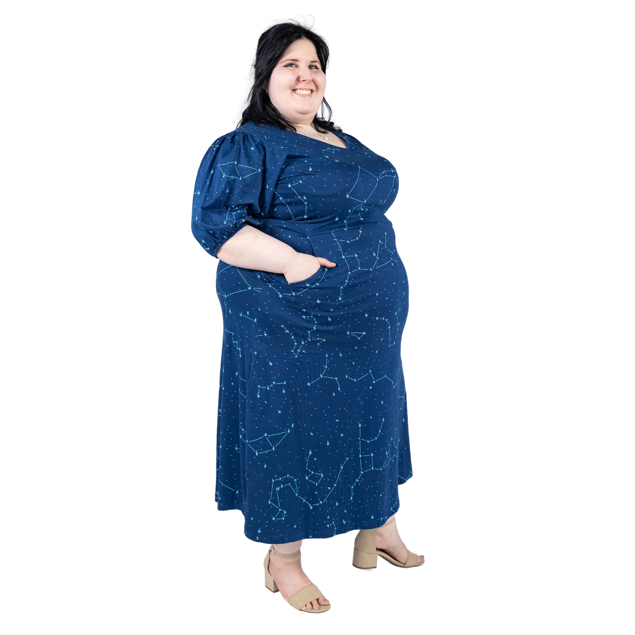 Constellations Glow-in-the-Dark Navy Long Midi Dress with Pockets